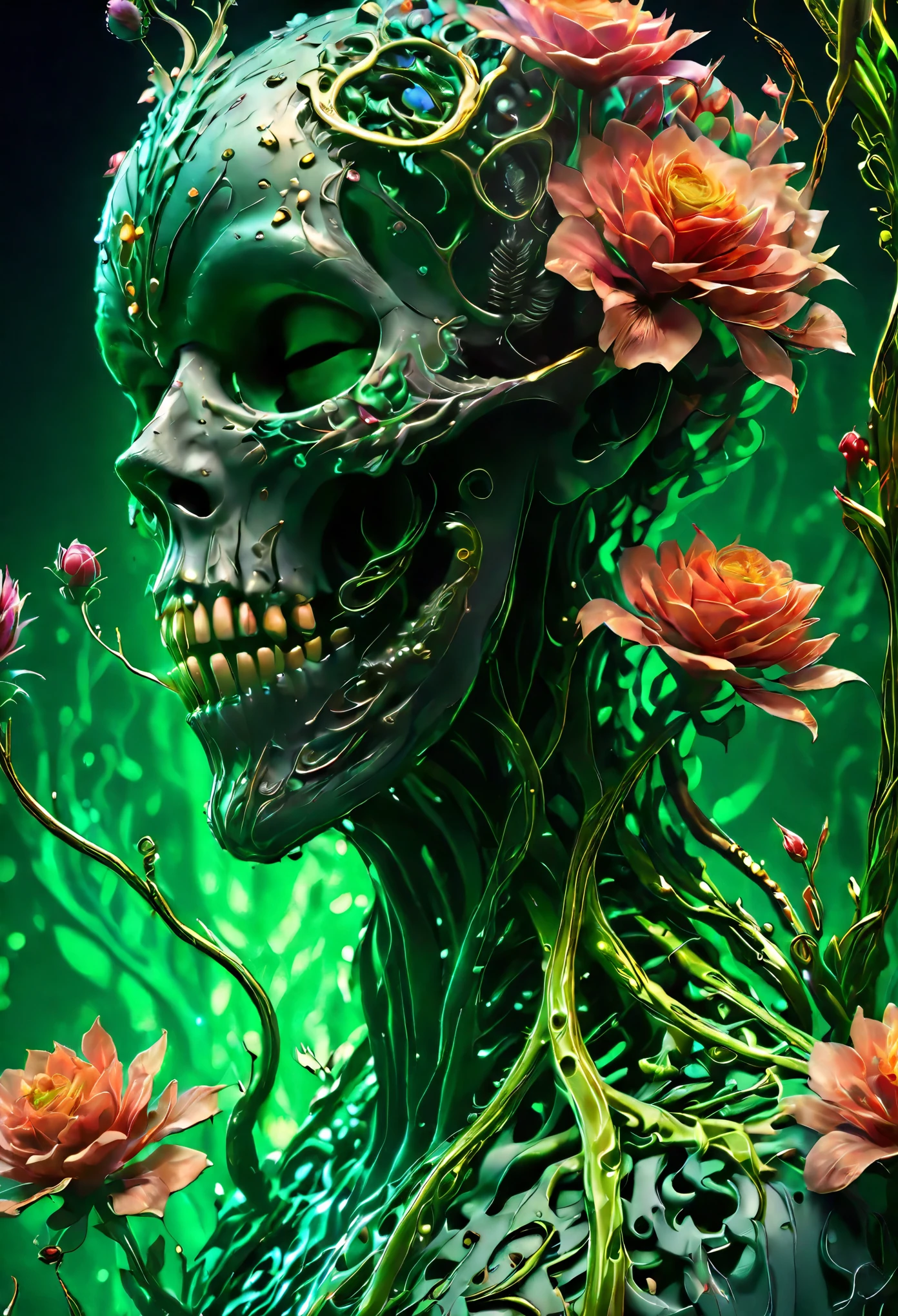 flowers, Long stems, Wide buds, mystical – необычные flowers, scattered throughout the composition. big, juicy, Black buds, red stems, ((Magic glow)), ((3D painting, digital painting, High craftsmanship)), the best works of digital painting, High detail elements, background - wide stroke. Fancy patterns - ornaments decorate, Green stems,. Magic and cyberpunk blended together. warm range of colors, Contrasting light with cool side lighting, expressing volume and shape, качественная 3D визуализация, render, masterpiece. top quality, skull bones background. side light, mystical frame. Best quality, Unreal engine, | ultra HD | Full HD, High detail. Simulation graphics, art style. (Bright evening lighting, warm light, sharp focus, 8K). highly detailed textures, textile, metal, and bone. film grain, shine on the stems, Humid air, the contrast of cold shadows and warm golden light, Whirlwinds of Dead Souls.