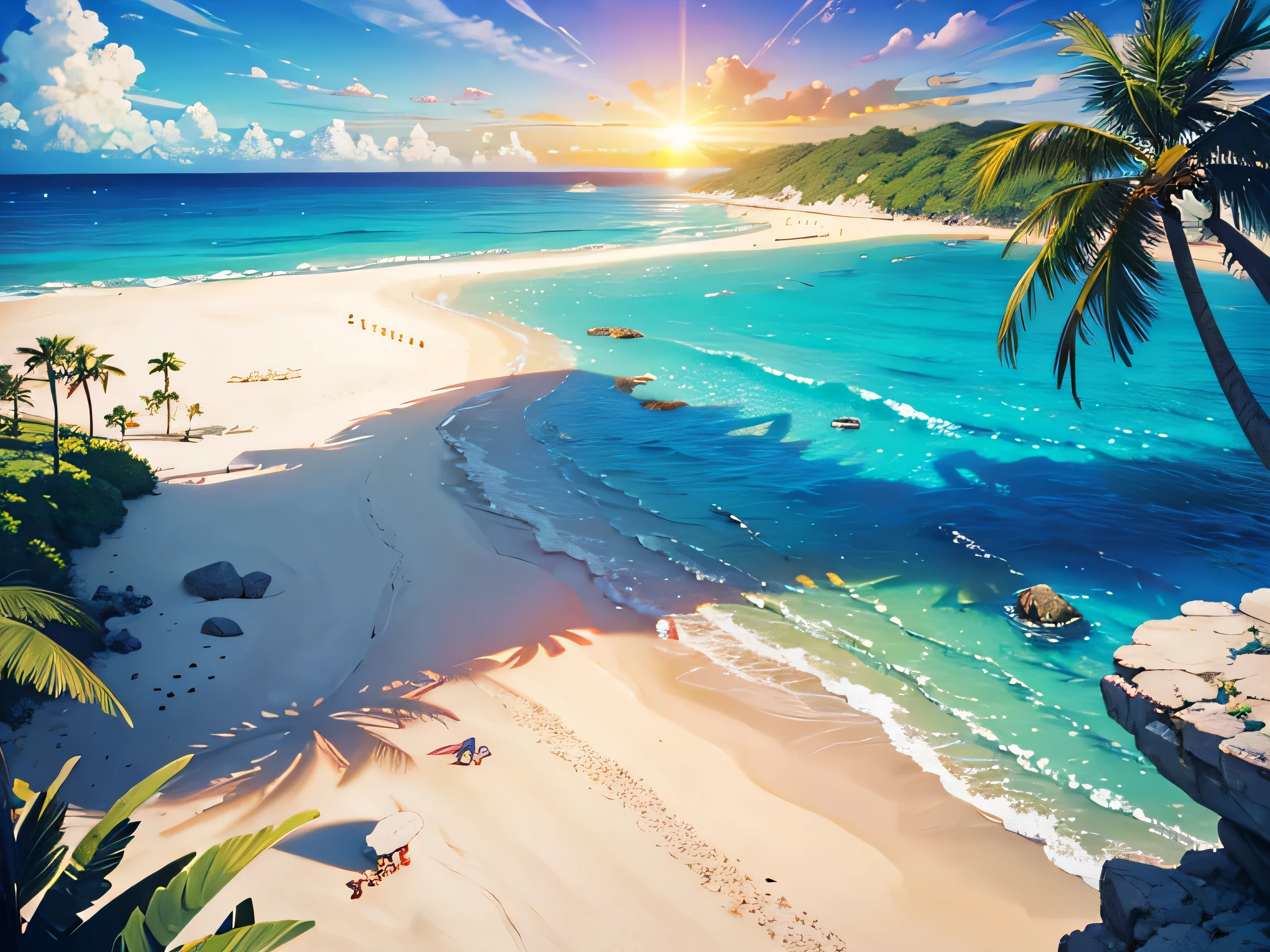 highest quality,Very detailed,Realistic,masterpiece:1.2,High resolution,超High resolution,Studio Lighting,Physically Based Rendering,Very detailed explanation,Professional,Vibrant colors,Bokeh,landscape,Sand Dunes,sparkling sea,Palm tree,Separate and Remote,Breathtaking Sunsets,Quiet environment,Abundant wildlife,Sunny blue sky,Untouched beaches,Enchanting atmosphere,Tropical paradise,gentle sea breeze,Undisturbed natural beauty,Secluded place,Exotic Marine Life,Sun kissed sand,calm and peaceful,Calm water,untouched nature,Beautiful horizon,Awe-inspiring views,Majestic rock formations,Silence and solitude,Natural Oasis,Golden sunshine,Dreamy atmosphere,Jungle Foliage,Crystal Clear Lagoon