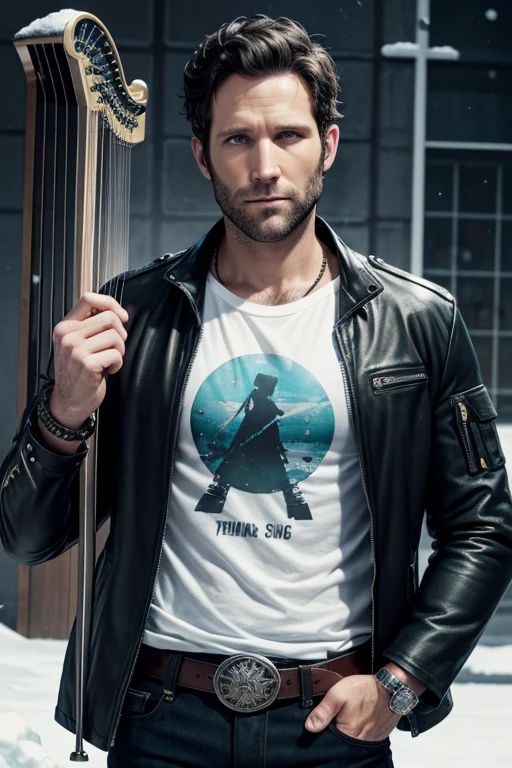 Eion Bailey  30-year-old boy with open black jacket, blue t-shirt with snow print, short black hair, punk style, yellow locks, black jeans, green eyes, black leather belt, silver buckle, slim muscular build, cross medallion, silver bracelet, looking straight at the viewer, holding a harp