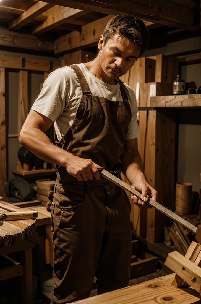 Knife a man holding a sledgehammer to hit towards an eyeglass frame in front of him on the table