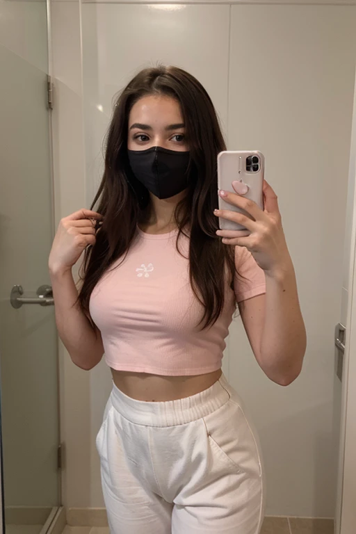 Chica sexy adolescente de pelo negro tomandose una selfie frente al espejo con una camisa blanca y pantalon corto color rosado, mascarilla negra