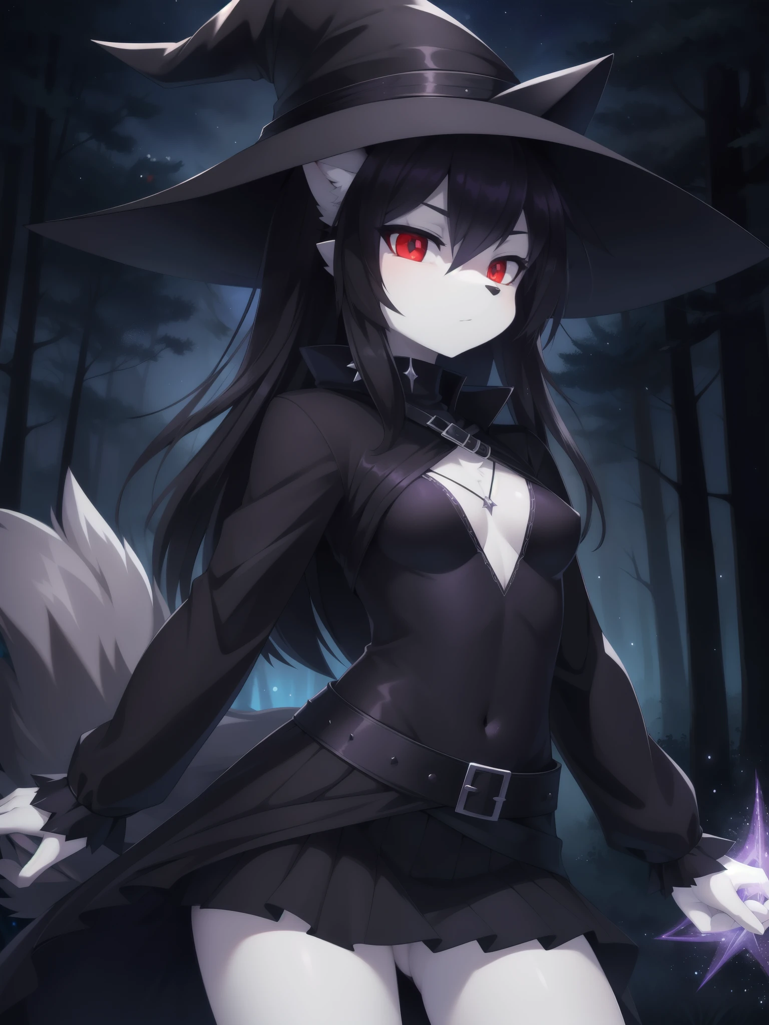 furry girl, wolf, black hair, punk hairstyle, long spiky hair, anime style, small breasts, red eyes, ((black witch hat, black witch tunic, open clothes, purple dress, black skirt, witch outfit)), navel, high quality, detailed body, detailed eyes, detailed face, masterpiece, glistening body, detailed body fur, best quality, two tone body, gray fur, clear gray fur, perfect lighting, perfect shadows, perfect eyes, perfect hair, perfect face, gorgeous body, :3, solo, magic aura, Action: Magic, Magic spell, Magic particles, glowing eyes, forest, night sky, 