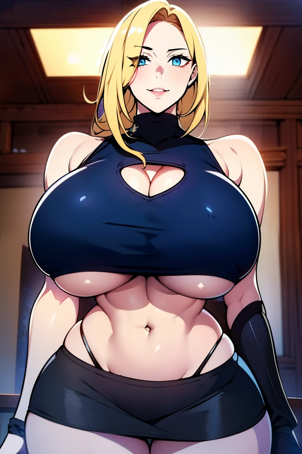 An anime-style artwork depicting ruan mei from the game Honkai star rail.
Tags: ruan mei, anime, detailed eyes, detailed lips, black crop top, black turtleneck, miniskirt, cleavage, smiling expression, intense gaze, glowing emblem on hand, dynamic pose, indoor, luxury palace, vibrant colors, digital art, high-resolution, professional quality, gigantic breasts, (underboob : 1.4), curvy, cowboy shot, (gigantic breasts: 1.4), (blonde hair:1.4), (blue eyes), short hair