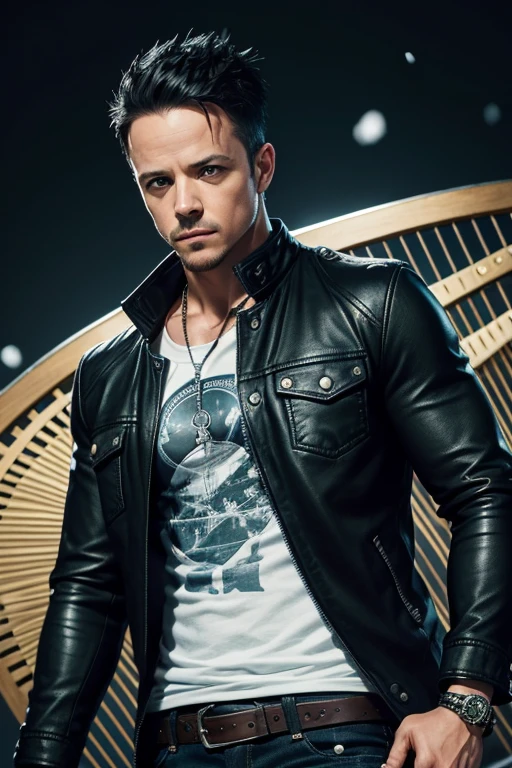 Michael Raymond-James 30-year-old boy with open black jacket, blue t-shirt with snow print, short black hair, punk style, yellow locks, black jeans, green eyes, black leather belt, silver buckle, slim muscular build, cross medallion, silver bracelet, looking straight at the viewer, holding a harp
