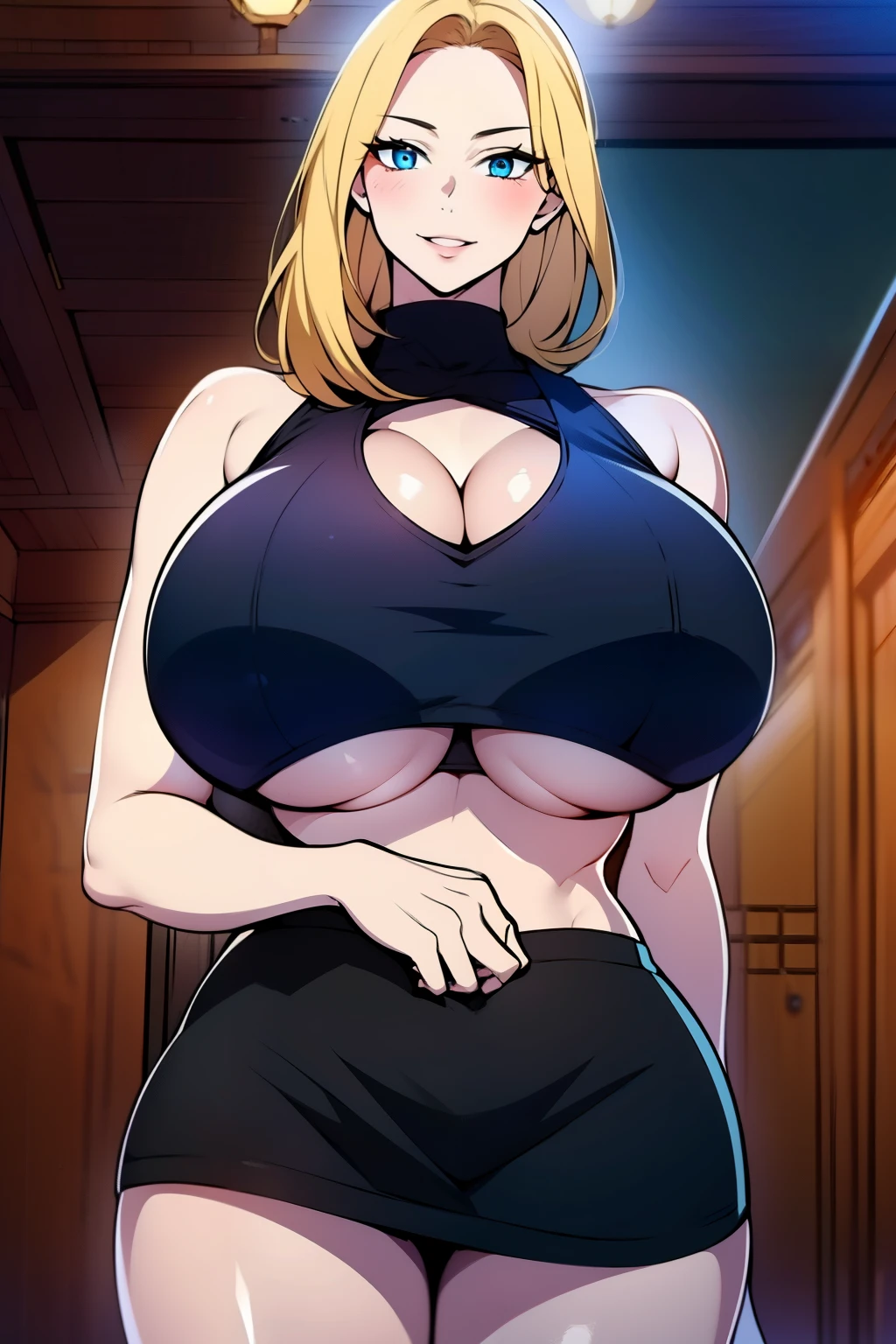 An anime-style artwork depicting ruan mei from the game Honkai star rail.
Tags: ruan mei, anime, detailed eyes, detailed lips, black crop top, black turtleneck, miniskirt, cleavage, smiling expression, intense gaze, glowing emblem on hand, dynamic pose, indoor, luxury palace, vibrant colors, digital art, high-resolution, professional quality, gigantic breasts, (underboob : 1.4), curvy, cowboy shot, (gigantic breasts: 1.4), (blonde hair:1.4), (blue eyes), short hair