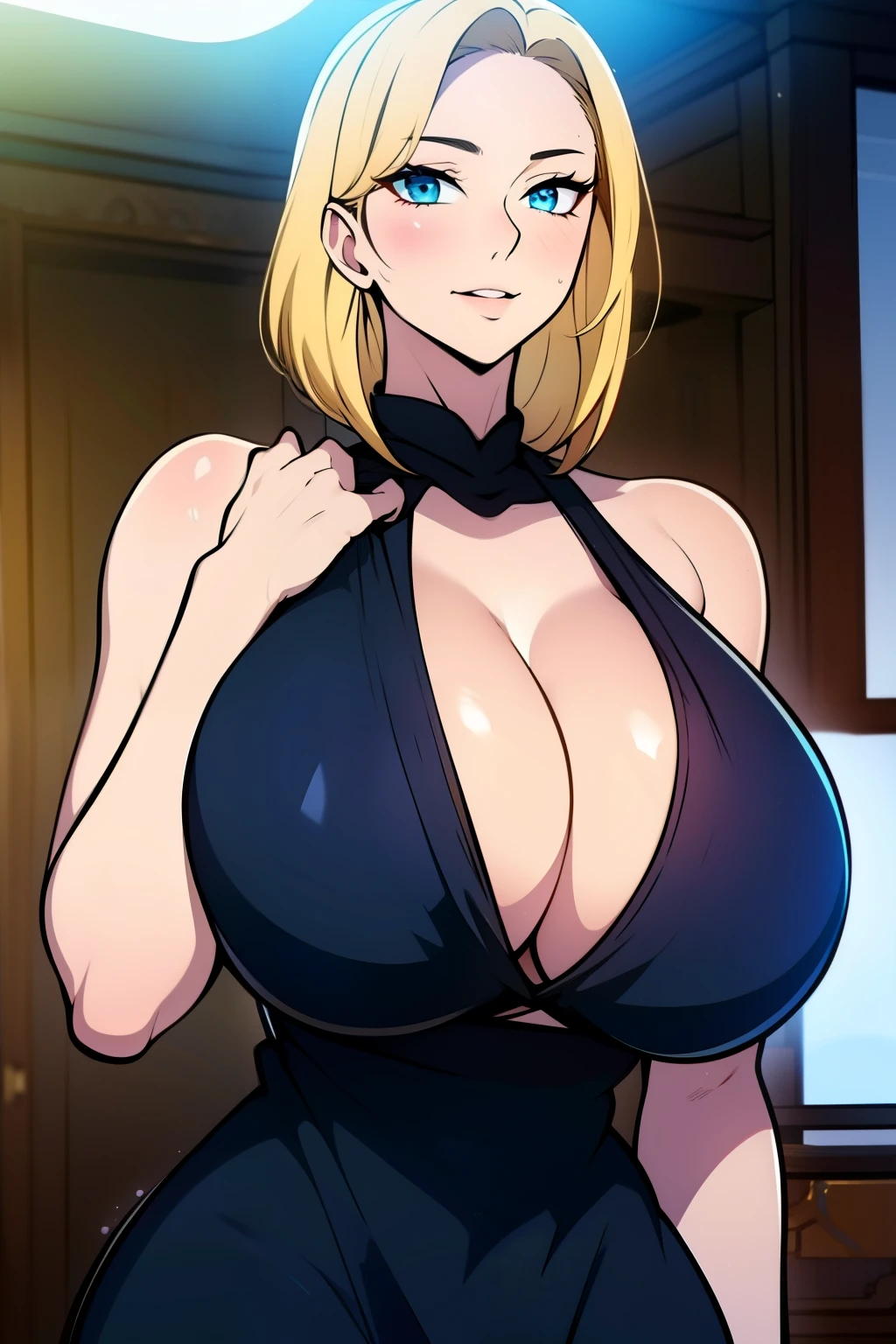 An anime-style artwork depicting ruan mei from the game Honkai star rail.
Tags: ruan mei, anime, detailed eyes, detailed lips, black crop top, (sweater dress:1.1), bare shoulders, cleavage smiling expression, intense gaze, glowing emblem on hand, dynamic pose, indoor, luxury palace, vibrant colors, digital art, high-resolution, professional quality, gigantic breasts, (underboob : 1.4), curvy, cowboy shot, (gigantic breasts: 1.4), (blonde hair:1.4), (blue eyes), short hair