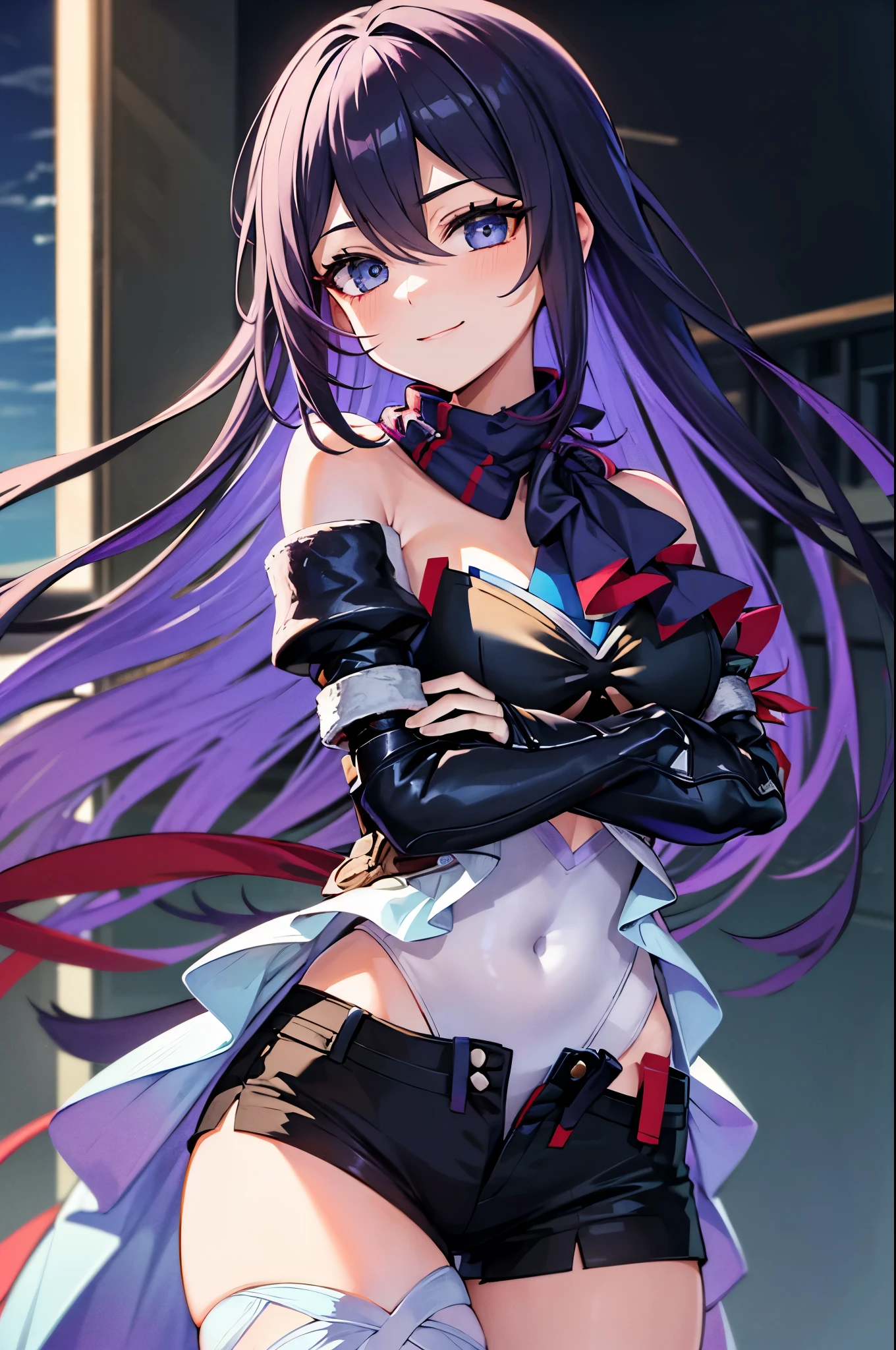 (masterpiece, best quality:1.2), expressive eyes, perfect face, highres, 1girl, solo, jeloseele, purple scarf, highleg leotard, detached sleeves, black gloves, short shorts, crossed arms, smiling, standing, cowboy shot, looking at the viewer