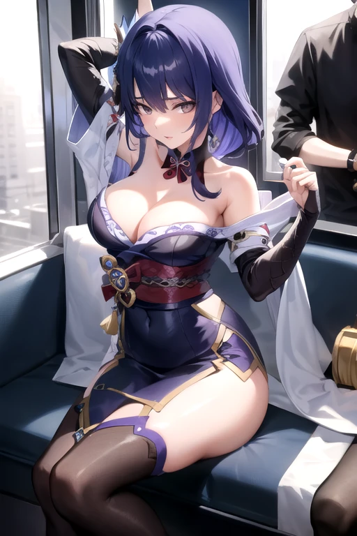 Photo of Ei from genshin impact, sexy, seductive, posing seductively in the train, clasp knees