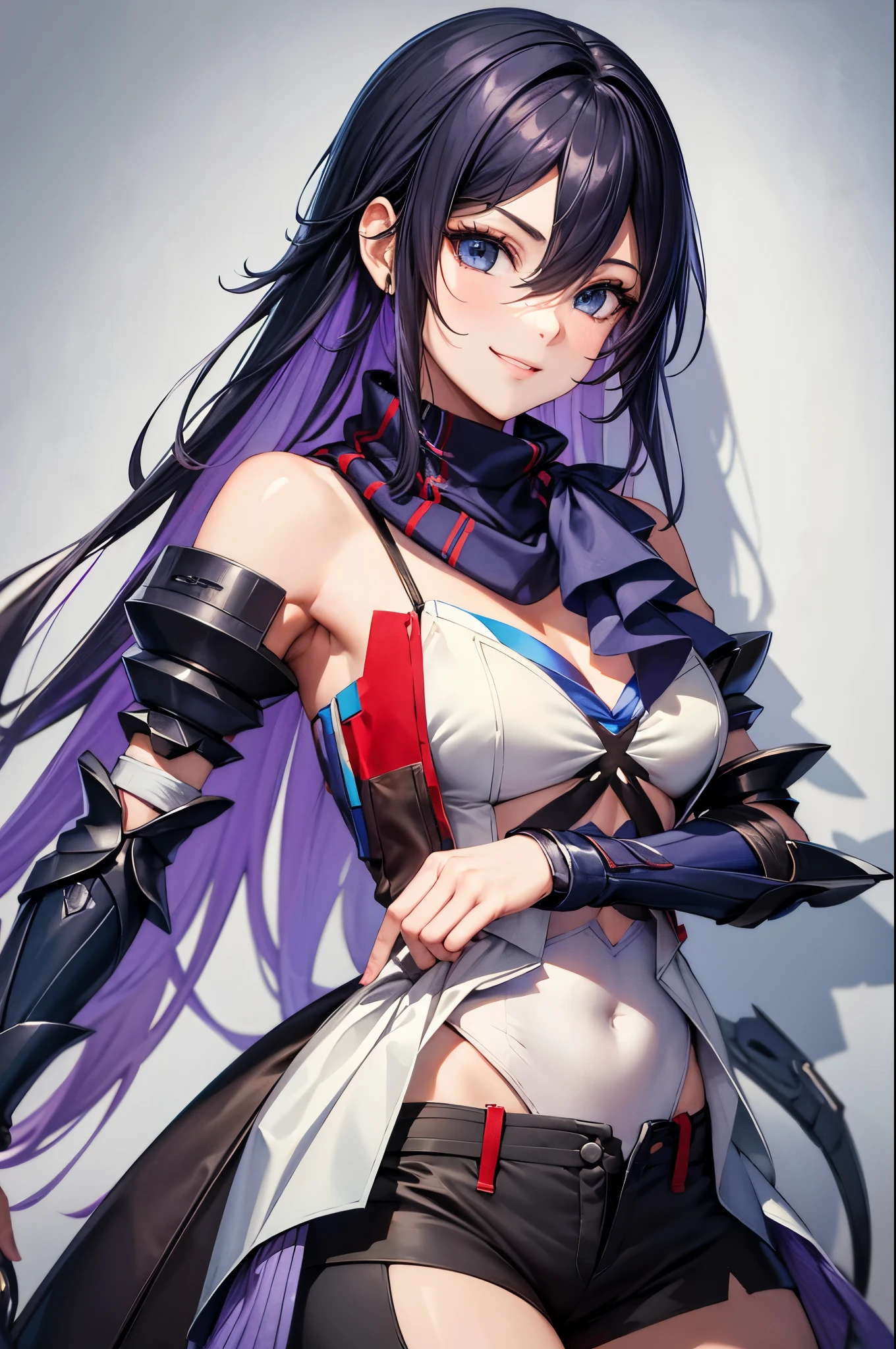 (masterpiece, best quality:1.2), expressive eyes, perfect face, highres, 1girl, solo, jeloseele, purple scarf, highleg leotard, detached sleeves, black gloves, short shorts, crossed arms, smiling, standing, cowboy shot, looking at the viewer