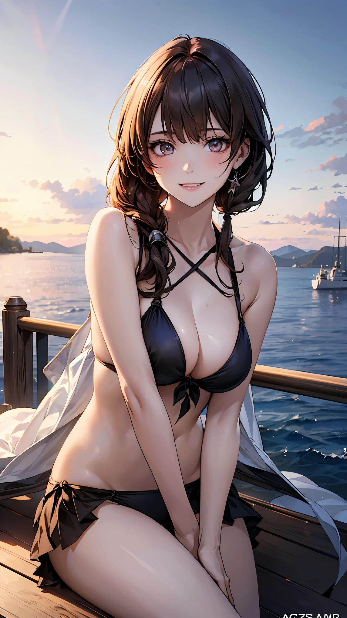 (masterpiece:1.2, highest quality), (Realistic, photoRealistic:1.4), Beautiful illustrations, (Natural Side Lighting, Cinema Lighting),Say OK to your audience, Upper Body, (Front view), 1 girl, Perfect Face, Symmetrical cute face, Shiny skin, Baby Face, Long eyelashes, (medium breasts), (Wide Hips),Beautiful Hair, Beautiful Face, Beautiful and beautiful eyes, Beautiful body, Beautiful breasts, beautiful Thighs, Beautiful legs, Beautiful fingers,(Beautiful views),(Cute Smile:1.2, Superior),Anime girl in bikini sitting on a boat with a cat, From the Azur Lane video game, Azur Lane Style, From Arknights, from Girls' Frontline, Azur Lane Characters, The finer details. Girls' Frontline, Girls' Frontline universe, Girls' Frontline cg, Trending on cgstation, Kantai Collection Style, Trending on cgstation, Girls' Frontline