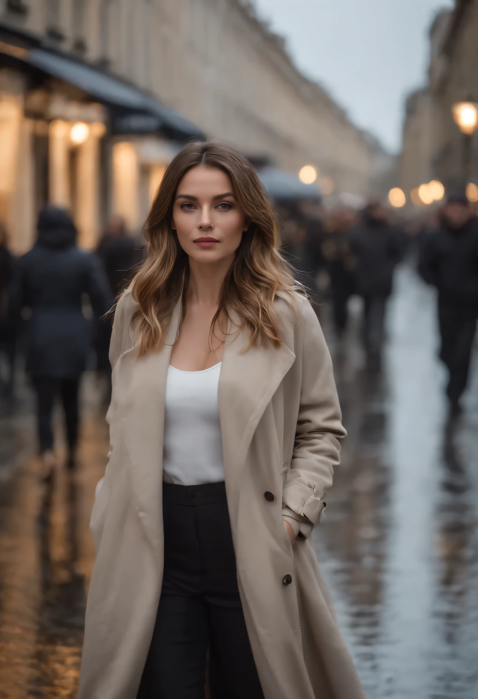 ( fotografia de alta qualidade) Italian women, dark blonde hair styles, long hair, flowing black and white pipit oversize jacket, cabelos pretos, Outdoor London streets , raining day, street photography, Noite, lamps, desfoque de profundidade, Bokeh, 300 dpi, Atmosfera encantadora, fotografia, 8k, dynamic action,