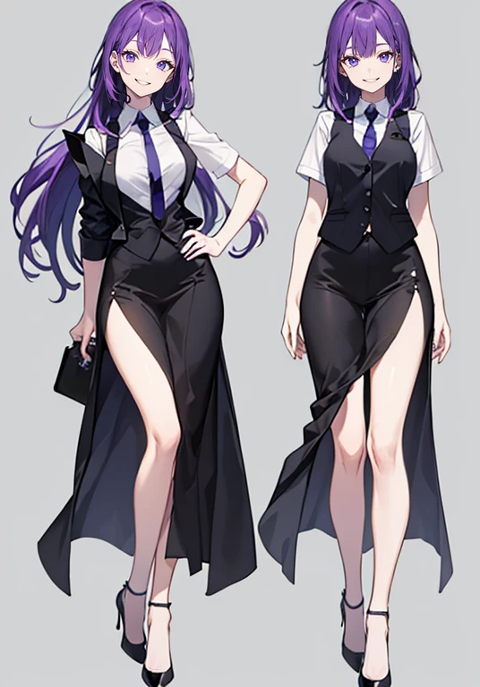 ((Perfect Face)),Purple Hair,voluminous long hair,1 female,bartender,,Black vest,I rolled up my sleeves.Ｙshirt,tie,slit,High heels,,((Simple Background)),smile,((whole body)),((whole body)),Portraiture,virtual,upright,,Both arms are down,Standing upright with face and body facing forward,