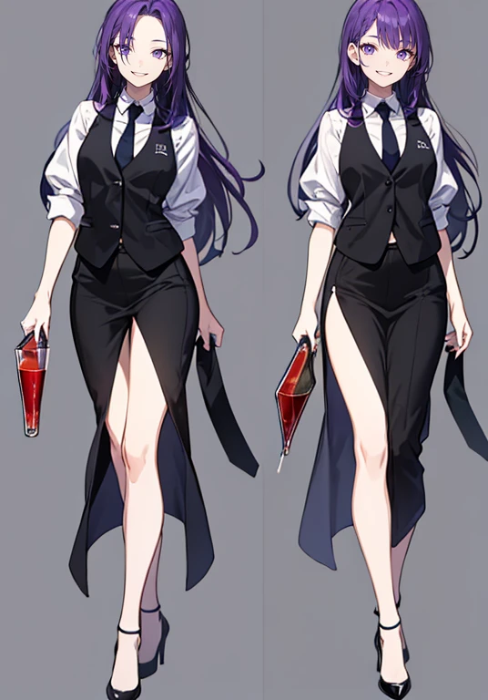((Perfect Face)),Purple Hair,voluminous long hair,1 female,bartender,suit,Black vest,Shirt with rolled up sleeves,tie,slit,High heels,,((Simple Background)),smile,((whole body)),((whole body)),Portraiture,virtual,upright,,both arms are down,Standing upright with face and body facing forward,