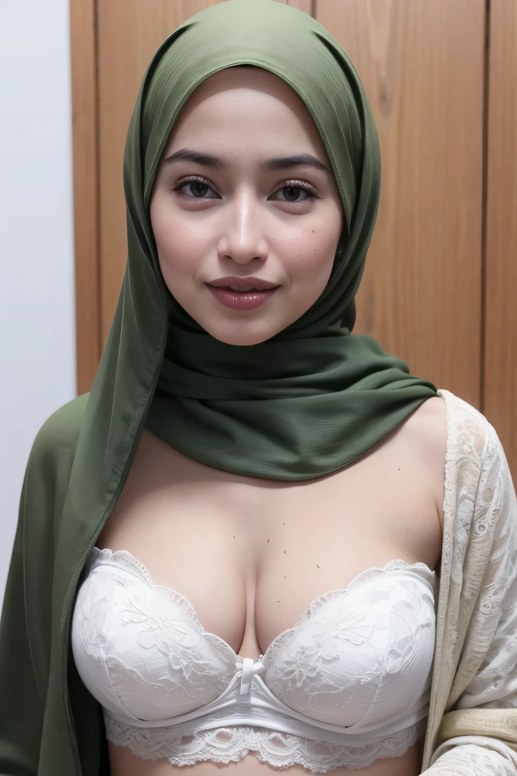 (Wearing Green Fluorescence Strapless), (((HIJAB MALAY GIRL))), masutepiece, High quality, UHD 32K, Realistic face, Realistic skin feeling , A Malay Lady, 48 years old, , Very cute and baby-like face, (((FLAT CHEST))), (MATRIX WORLD), ((look In front at the camera and SADNESS)), (((CUTE GIRL))), GREEN FLUORESCENT, (undress). WEAR BRA LINGERIE, lace, HEAVY HUGE BREASTS NIPPLES, 