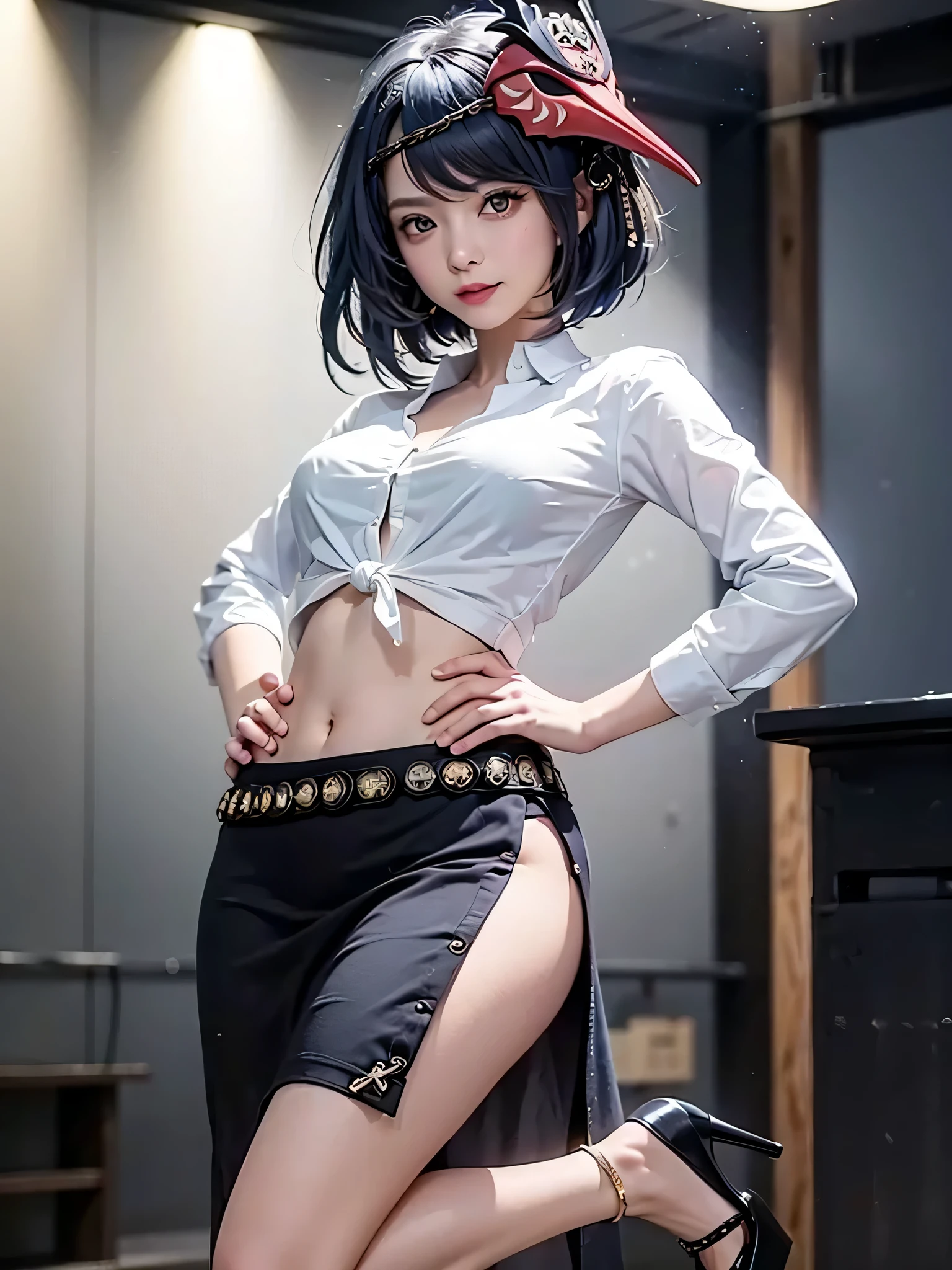 1girl, long sleeved tied business shirt, long skirt, big earrings, iron belt, heels), ((midriff, navel)), dancefloor, looking at viewer, smile, standing, fashion pose, ((hand on belly)), (cinematic lighting, best quality, masterpiece, high details, best quality, highres, HD, 4K, 8k, super detail), (kujou sara:1.3), mask on head, blue hair, short hair, yellow eyes, 