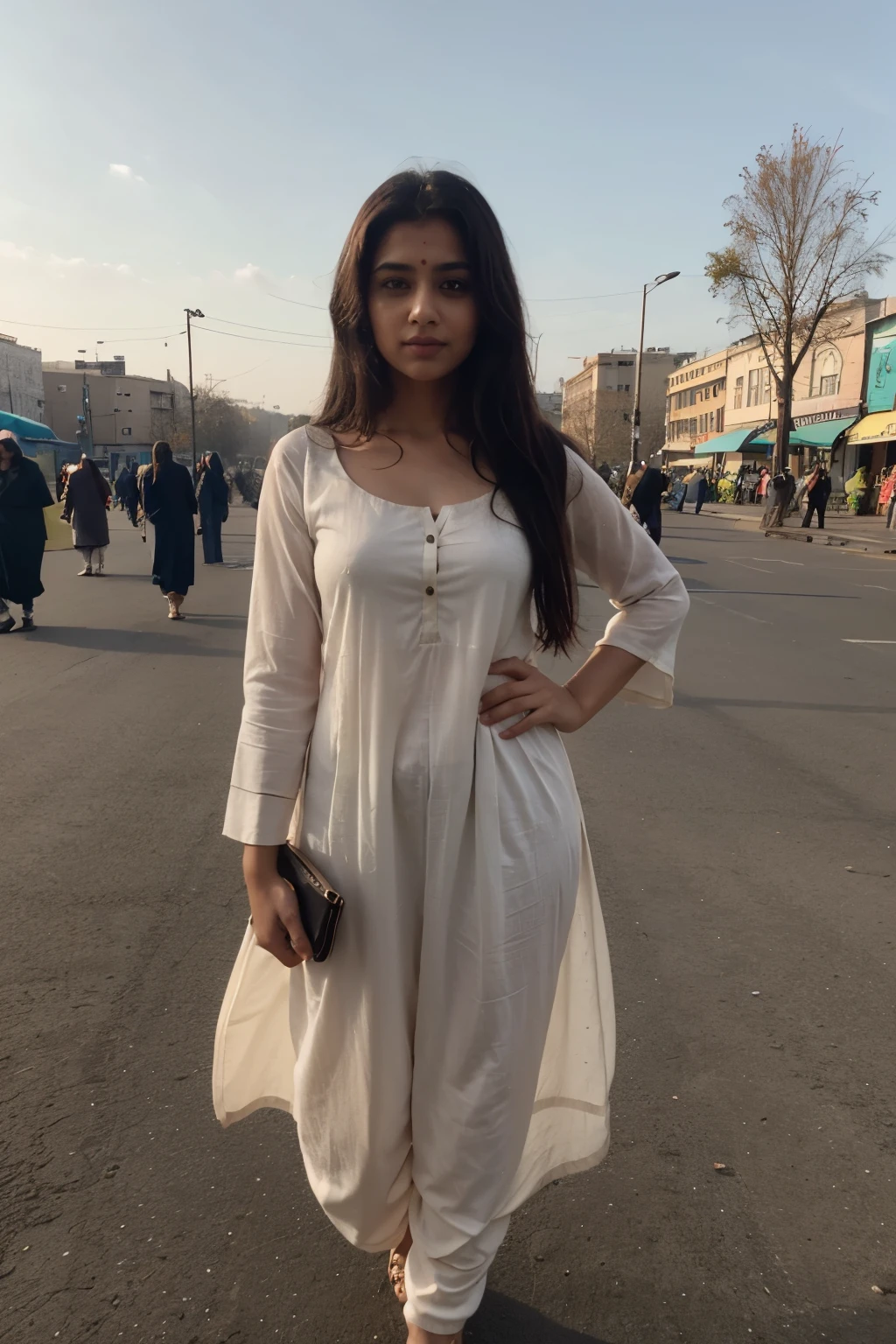 A beautiful Indian girl with long hair, wearing a colorful salwar kameez, standing by maidan