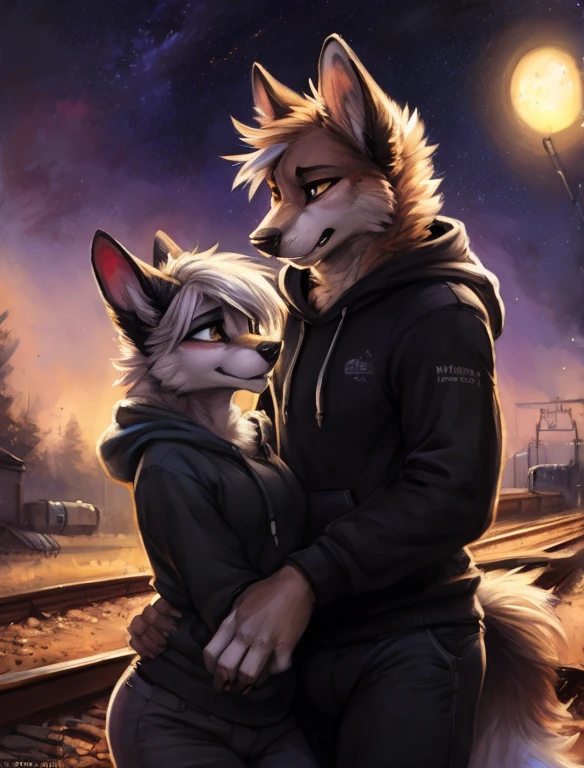(Meisterwerk: 1,3), (2D: 1,0), (Anime: 1,0), (Illustration: 1,0). character bust photo of a 16 year old male wolf bent over from behind against a wall by another 16 year old male wolf, character bust photo, close up, character focus, bent over, bending over, hands on wall, hands on hips from behind, grab hips from behind, close, embrace, humping ass, penetrating ass, making love, penetration, insertion, insert genitalia into butt, standing, standing behind, behind, one behind the other, from behind, uploaded to e621, erect, erection, huge genitalia, thick genitalia, 16 years old, small, red eyes, shota, shota boy, boy, no shorts, no pants, naked ass, naked, socks, tongue haning out, tank top, wristband, yellow eyes, masculine, male, height one meter seven, (masterpiece:1.2),(anatomically correct:1.1), high quality:1.3, 2 arms, 2 legs, 1 tail, fluffy tail, small tooth standing out of mouth, small fang standing out of mouth, moe fang, cute fang, little fang, closed mouth, closed eyes, looking up, blushing, cum, cum out, erotic, ass, plump ass, night, wooden hut, stars, falling leaves, trees, wind, bushes, hidden between bushes, vegetation, big tree roots, rocks, river, low saturation, simple color palette