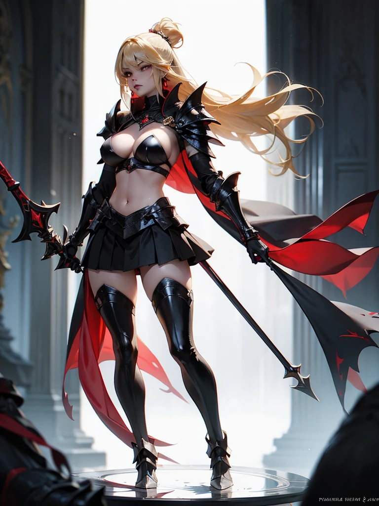 Voluptuous, Busty Blonde Female Dark Knight in ((((Black Full Plate Metal)) Bikini Armor)), Red Eyes, Thigh high Full Metal Plate Armored Boots. (((Full Body View))), Long hair, Messy bun, Wielding a Black Great Sword, (Red Cloak), (Red Pleated Skirt), detailed, perfect makeup, beautiful lips, large hoop earrings, (METAL bikini armor), No Helmet, (No Spikes), Tall girl, Long legs