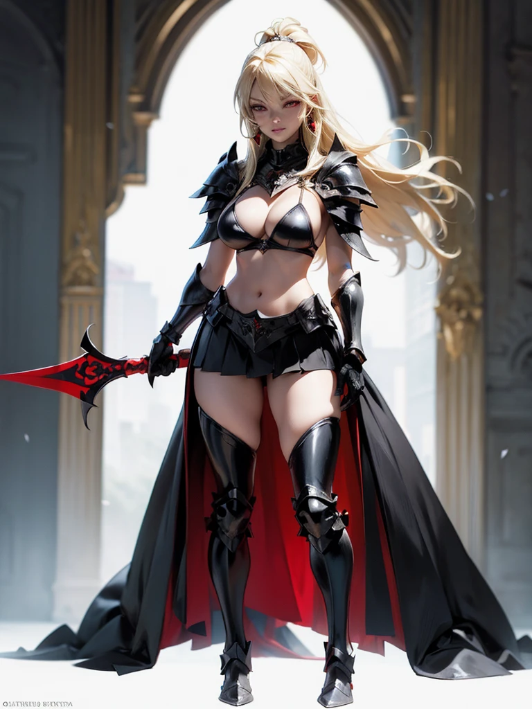 Voluptuous, Busty Blonde Female Dark Knight in ((((Black Full Plate Metal)) Bikini Armor)), Red Eyes, Thigh high Full Metal Plate Armored Boots. (((Full Body View))), Long hair, Messy bun, Wielding a Black Great Sword, (Red Cloak), (Red Pleated Skirt), detailed, perfect makeup, beautiful lips, large hoop earrings, (METAL bikini armor), No Helmet, (No Spikes), Tall girl, Long legs