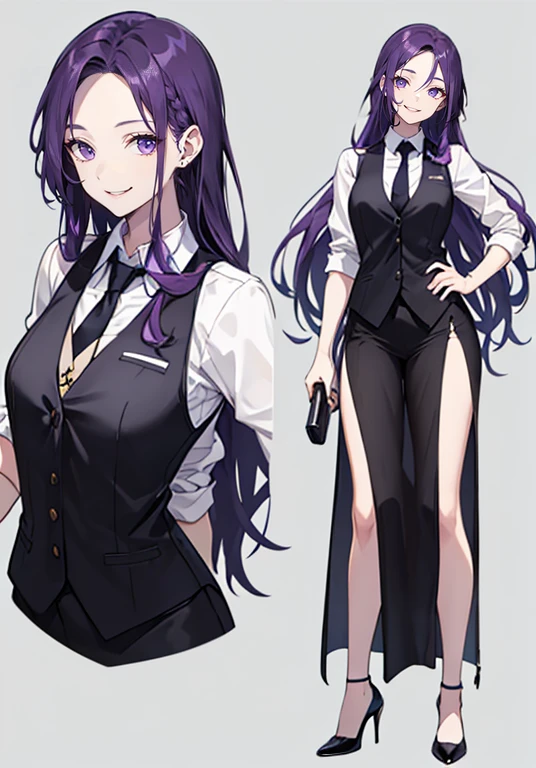 ((Perfect Face)),Purple Hair,voluminous long hair,1 female,bartender,,Black vest,I rolled up my sleeves.Ｙshirt,tie,slit,High heels,,((Simple Background)),smile,((whole body)),((whole body)),Portraiture,virtual,upright,,Both arms are down,Standing upright with face and body facing forward,