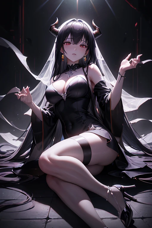 ((masterpiece))，(best quality)，(Half body)，Turn your head，(Extremely complex and detailed)，(Highest definition)，(8k)，(Clear lines)，(perfect facial features，Perfect flesh)，(official art)，1. Ms.，tiefling，(Lich)，Legendary Mage，scientist，Pitch-black robe，red skin，Dominate life and death，majesty，solemn，Empty eyes，Super long black hair like night，Lifeless eyes，Dead silent expression，The Abyss has devil horns、Anime girl in black clothes 4k konachan wallpaper, Black, Demon anime girl, anime monster girl, , cyberpunk, OPPEIN, [ 4k digital art ]!!, Anime cute art style (抹胸Wedding dress：1.5），（Silk dress：1.2）,（无肩带Wedding dress：1.5）,,，necklace，earrings，(Large Breasts:1.3)，深V桃心领Wedding dress 极其正常的手, Extremely normal legs, , Wedding dress, High heel, HDR (High Dynamic Range), Ray Tracing, NVIDIA RTX, Super Resolution, Unreal 5, Subsurface scattering, PBR Textures, Post-processing, Anisotropic filtering, Depth of Field, Maximum Acutance and Acutance, Multi-layered textures, Albedo and Specular Maps, Surface Shading, Accurately simulate the interaction of light and matter, Perfect proportion, Octane Rendering, Two-color light, Large aperture, Low ISO, White Balance, Rule of Thirds: Veiled Bride, Sexy Clothes Revealing Obscene Lines, Dark Wind, Charming and Evil