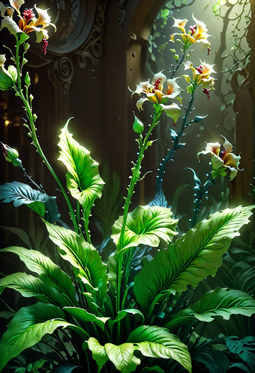 Flowers, long stems, wide buds, mystical - unusual flowers, scattered throughout the composition. Large, juicy, black buds, red stems, ((magic Glow)), ((3D painting, digital painting, high skill)), the best works of digital painting, high detail elements, background - wide stroke. Fantastic patterns - ornaments decorate, green stems. Magic and cyberpunk mixed together. Warm range of colors, contrasting light with cold side lighting, expressing volume and shape, high-quality 3D visualization, render, masterpiece. highest quality, skull bone background.
Light from the side, mystical frame. Best quality, unreal engine, | Ultra HD | Full HD, high detail. Imitation graphics, artistic style. (bright evening lighting, warm light, sharp focus, 8K). Highly detailed textures, fabric, metal, and bone. The grain of the film, the shine on the stems, the humid air, the contrast of cold shadows and warm golden light, the whirlwinds of dead souls.