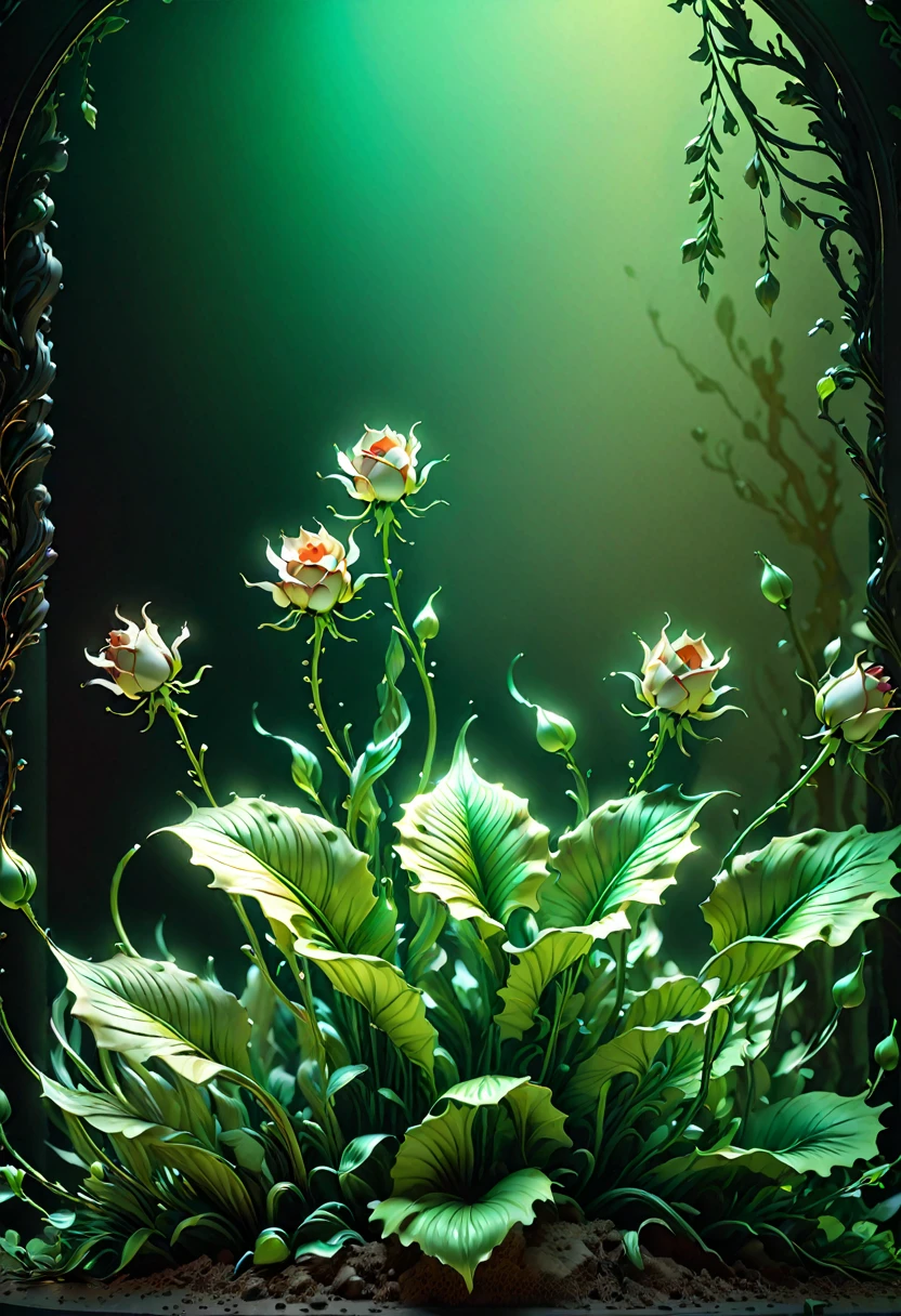 Flowers, long stems, wide buds, mystical - unusual flowers, scattered throughout the composition. Large, juicy, black buds, red stems, ((magic Glow)), ((3D painting, digital painting, high skill)), the best works of digital painting, high detail elements, background - wide stroke. Fantastic patterns - ornaments decorate, green stems. Magic and cyberpunk mixed together. Warm range of colors, contrasting light with cold side lighting, expressing volume and shape, high-quality 3D visualization, render, masterpiece. highest quality, skull bone background.
Light from the side, mystical frame. Best quality, unreal engine, | Ultra HD | Full HD, high detail. Imitation graphics, artistic style. (bright evening lighting, warm light, sharp focus, 8K). Highly detailed textures, fabric, metal, and bone. The grain of the film, the shine on the stems, the humid air, the contrast of cold shadows and warm golden light, the whirlwinds of dead souls.