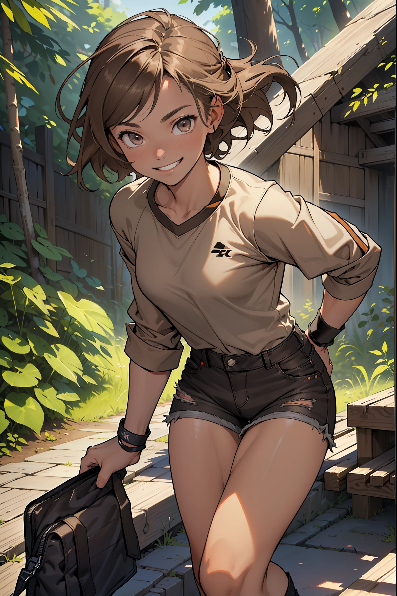 4k, one female, 16 years old, (((shoulder-length ashen-brown hair))), ((gray eyes)), athletic body, ((long flowing short-sleeved shirt)), ((black jean shorts)), forest background, smiling without teeth, colorful wristbands, short