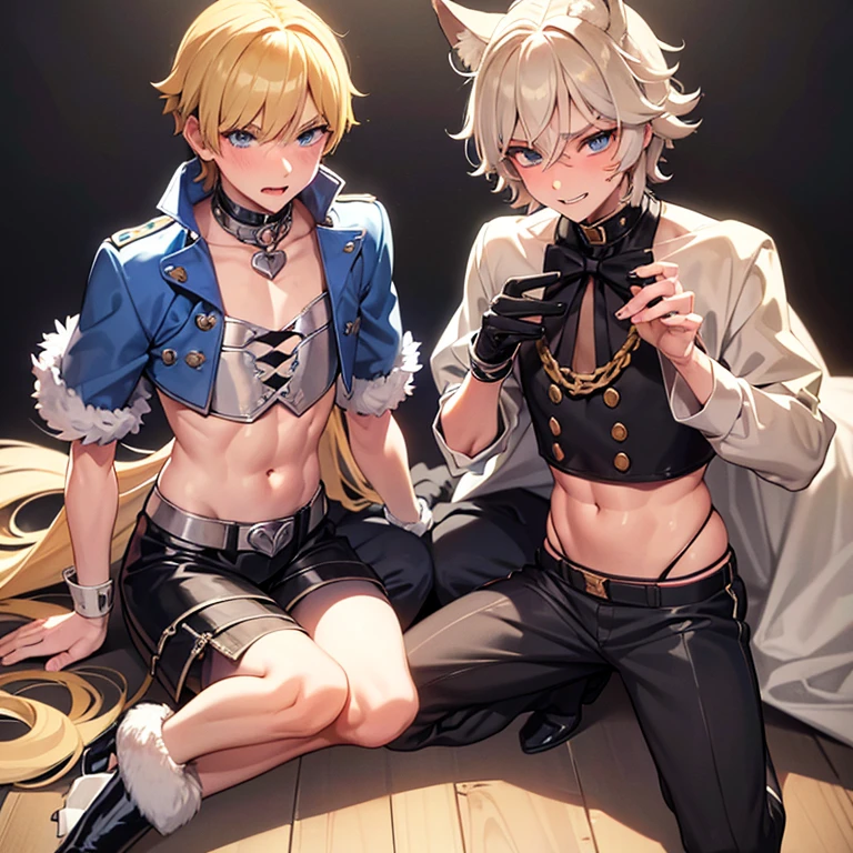 Cute catboy with white hair teenager around 13-15 years old with fluffy ears and messy hair that is short