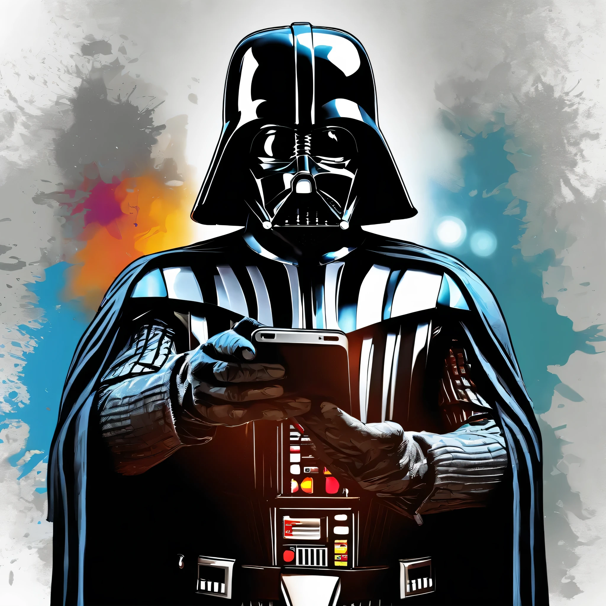 make a darth vader illustration logo style holding a smart phone with grunge style, salpicos, High definition, detalhes finos, pro vector