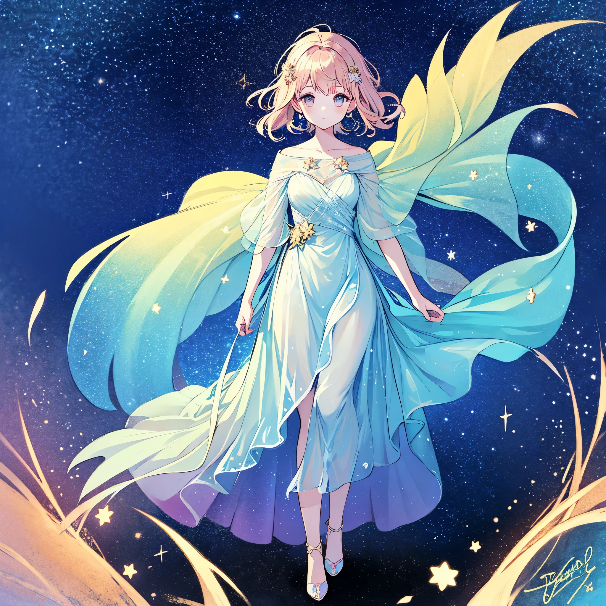 complex background, wishing star background, a woman wearing an ethereal mystical pink translucent dress that reflects the stars, perfume promo art, mystic, complex drawing, highly detailed, Covergirl brand, promo art, artistic rendition, ethereal, starry night, midjourney style