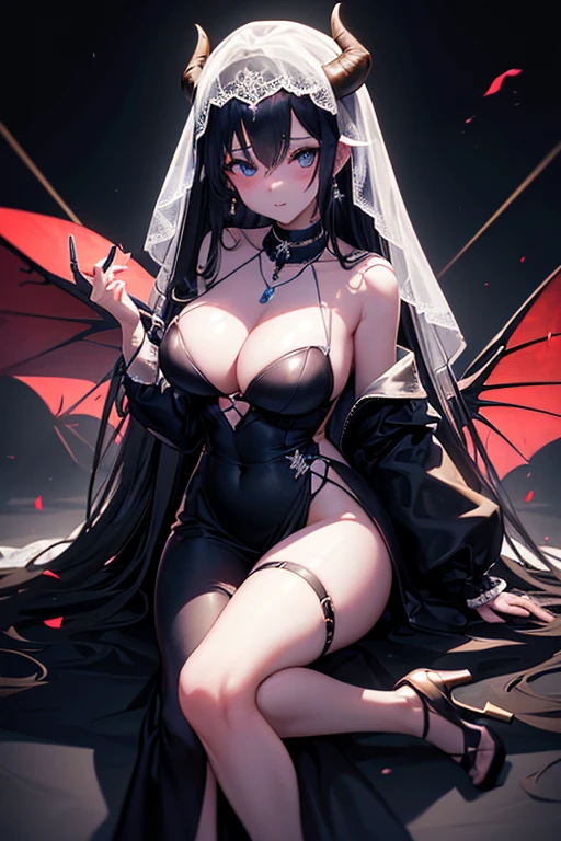   With demon horns、Anime girl in black clothes 4k konachan wallpaper, Black, Demon anime girl, anime monster girl, , cyberpunk, OPPEIN, [ 4k digital art ]!!, Anime cute art style (抹胸Wedding dress：1.5），（Silk dress：1.2）,（无肩带Wedding dress：1.5）,,，necklace，earrings，(Large Breasts:1.3)，深V桃心领Wedding dress 极其正常的手, Extremely normal legs, , Wedding dress, High heel, HDR (High Dynamic Range), Ray Tracing, NVIDIA RTX, Super Resolution, Unreal 5, Subsurface scattering, PBR Textures, Post-processing, Anisotropic filtering, Depth of Field, Maximum Acutance and Acutance, Multi-layered textures, Albedo and Specular Maps, Surface Shading, Accurately simulate the interaction of light and matter, Perfect proportion, Octane Rendering, Two-color light, Large aperture, Low ISO, White Balance, Rule of Thirds: Veiled Bride, Sexy Clothes Revealing Obscene Lines, Dark Wind, Charming and Evil