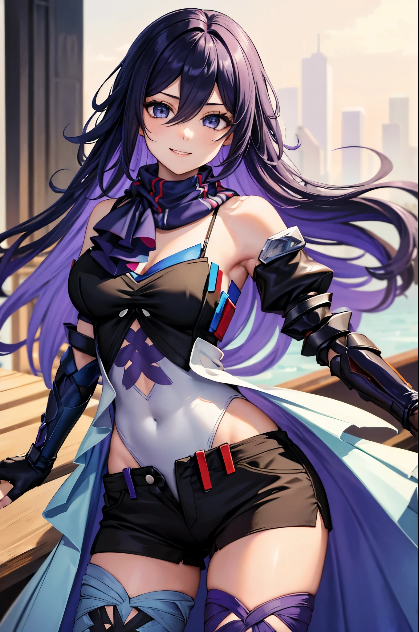 (masterpiece, best quality:1.2), expressive eyes, perfect face, highres, 1girl, solo, jeloseele, purple scarf, highleg leotard, detached sleeves, black gloves, short shorts, crossed arms, smiling, standing, cowboy shot, looking at the viewer