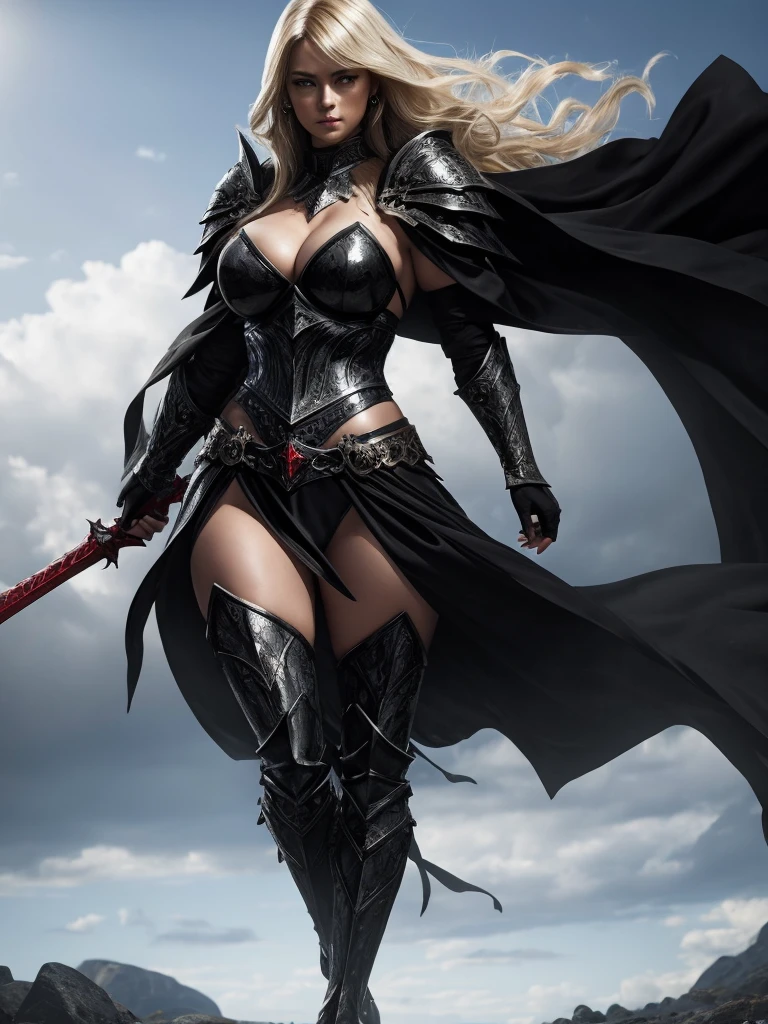 Voluptuous, Busty Blonde Female Dark Knight in ((((Black Full Plate Metal)) Bikini Armor)), Red Eyes, Thigh high Full Metal Plate Armored Boots. (((Full Body View))), Long hair, Messy bun, Wielding a Black Great Sword, (Red Cloak), (Red Pleated Skirt), detailed, perfect makeup, beautiful lips, large hoop earrings, (METAL bikini armor), No Helmet, (No Spikes), Tall girl, Long legs