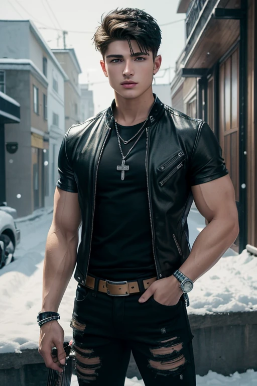 Gregg Sulkin 20-year-old boy with open black jacket, blue t-shirt with snow print, short black hair, punk style, yellow locks, black jeans, green eyes, black leather belt, silver buckle, slim muscular build, cross medallion, silver bracelet, looking straight at the viewer, holding a harp