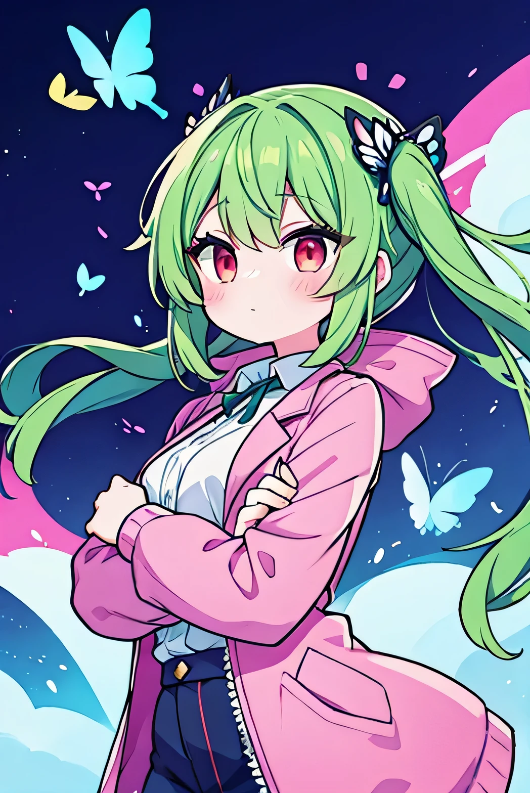 Girl with green hair and red eyes, wearing pastel pink jacket and butterflies on the background