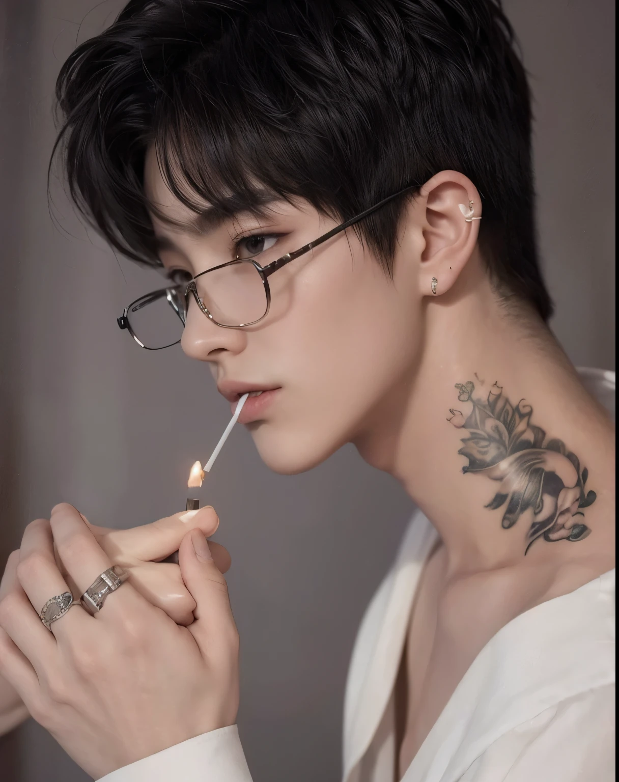 Mujer arafed con un tatuaje en el cuello encendiendo un cigarrillo., cai xukun, pintar ulzzang, Inspirado por Zhang Han, inspirado en Yanjun Cheng, Jung Jaehyun, delicate androgynous prince, Yanjun Chengt, inspirado en Bian Shoumin, inspirado en Kim Deuk-sin, beautiful androgynous prince, con tatuaje facial