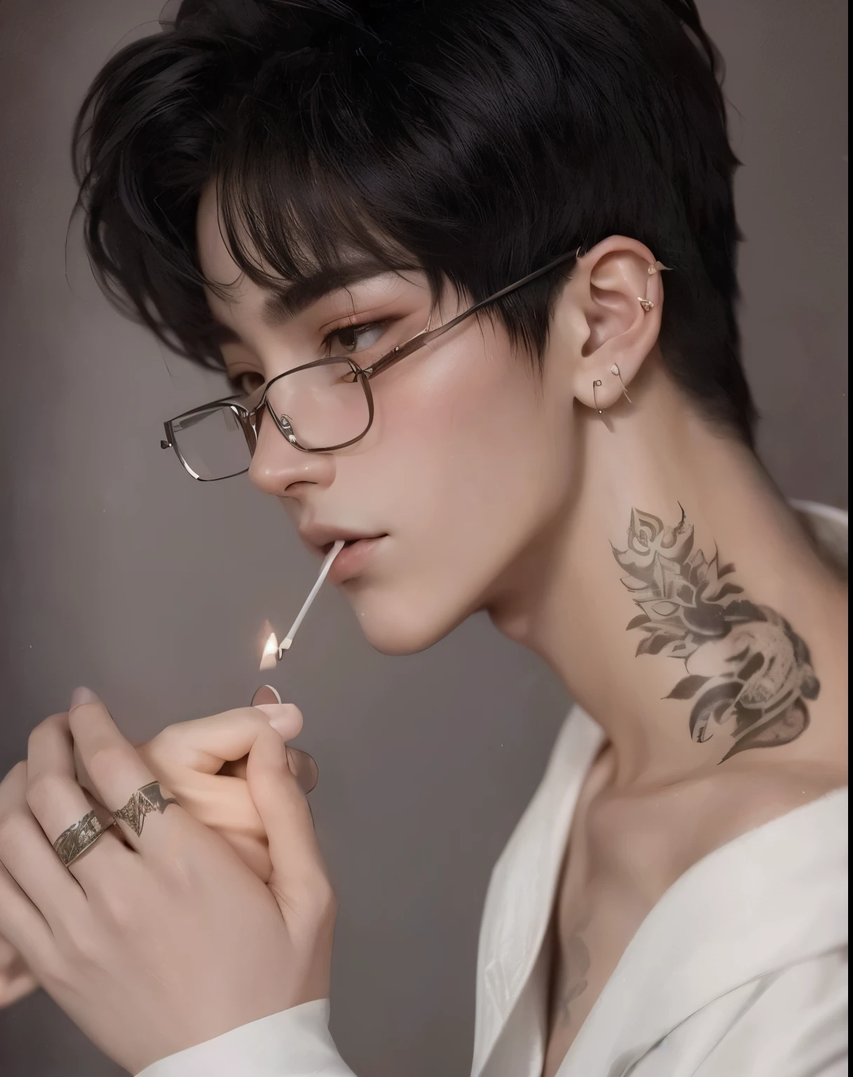 Mujer arafed con un tatuaje en el cuello encendiendo un cigarrillo., cai xukun, pintar ulzzang, Inspirado por Zhang Han, inspirado en Yanjun Cheng, Jung Jaehyun, delicate androgynous prince, Yanjun Chengt, inspirado en Bian Shoumin, inspirado en Kim Deuk-sin, beautiful androgynous prince, con tatuaje facial