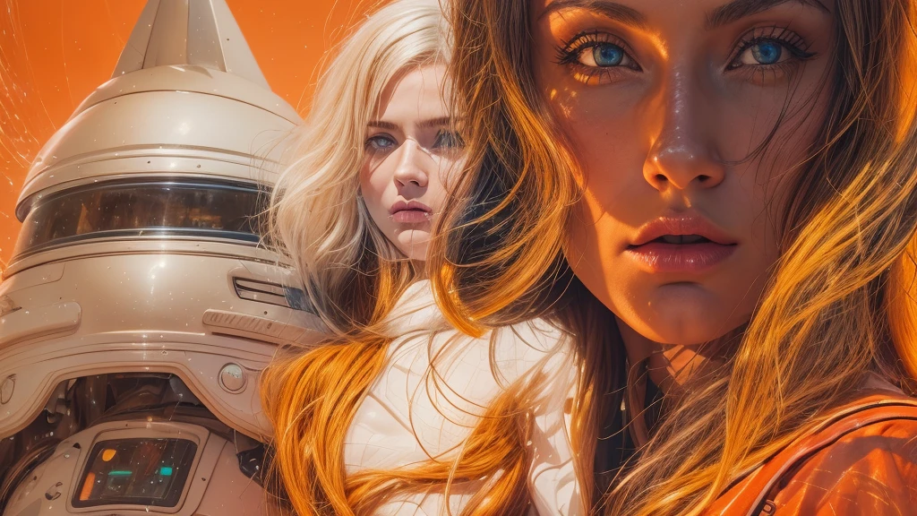 arafed image of a white woman in a futuristic suit with a spaceship in the background, movie art, in front of an orange background, inspired by Robert McGinnis, female protagonist, megastructure in the background, portrait of an ai astronaut, astronauts, an astronaut, portrait of a astronaut skeletor, perfect android girl, detailed eyes, perfectly detailed teeth, frank franzzeta and sakimichan