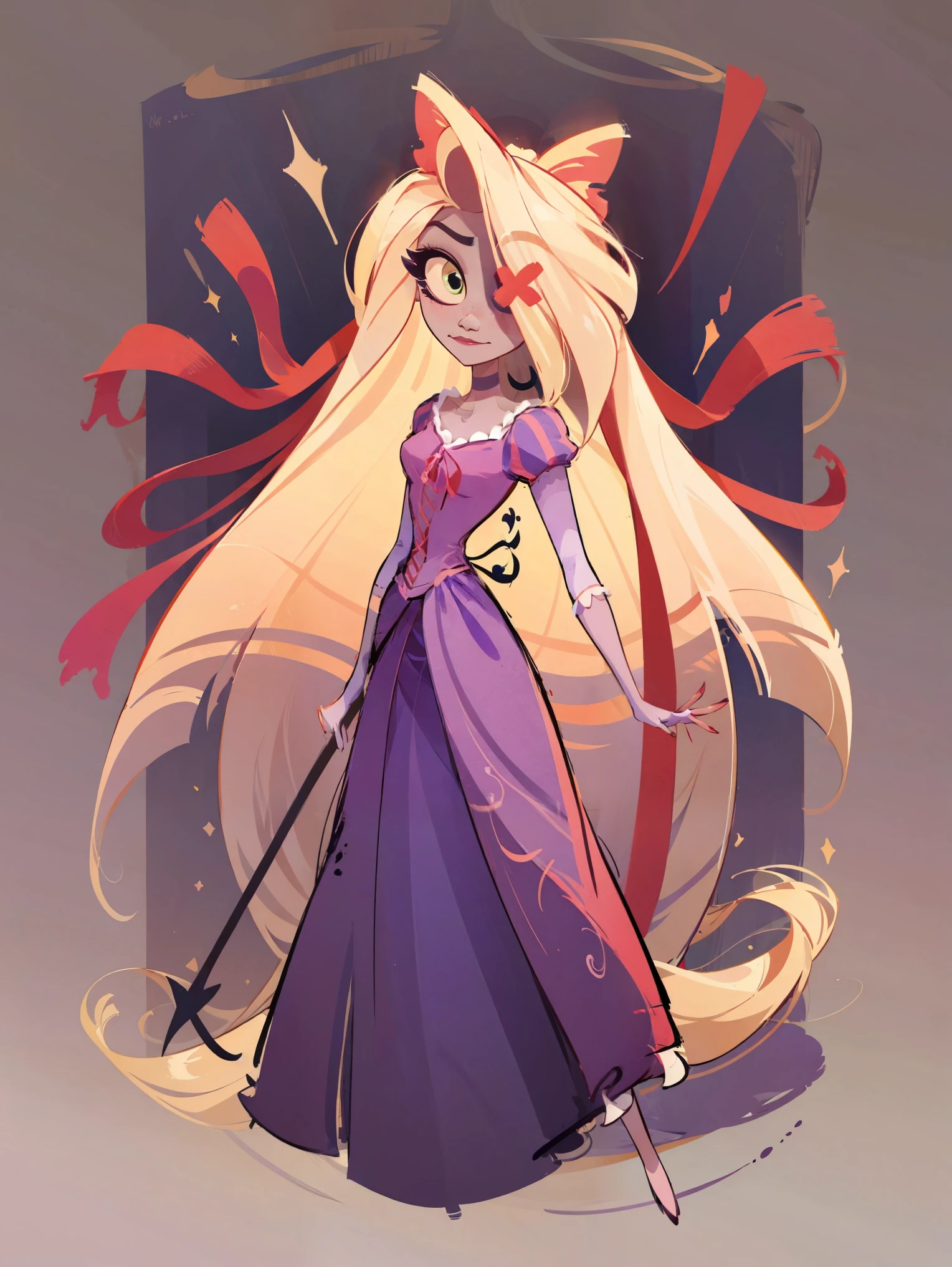 1 girl, solo, masterpiece, best quality, illustration, vaggie from Hazbin hotel dressed up as Rapunzel, perfect fusion, Vahhie, extremely link white hair, red ribbon, one eye covered by hair, purple rapunzel dress, Good shapes, perfect lines, perfect lineart, professional, good, cute, full body, dinamic pose