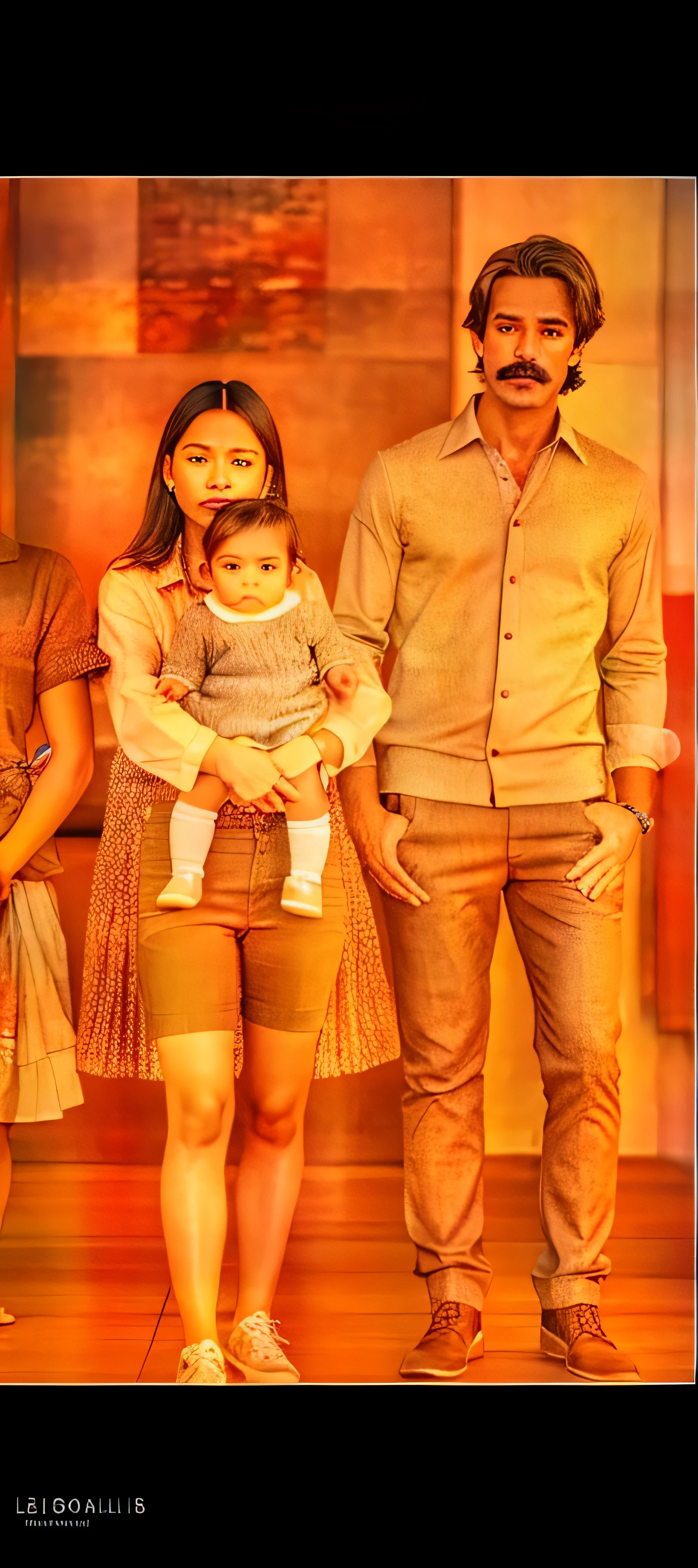 (highres:1.2),ultra-detailed,(photo-realistic:1.37),man,woman,baby,standing,couple,brown pants,white shirt,mustache,focused background,realistic texture,blurred background