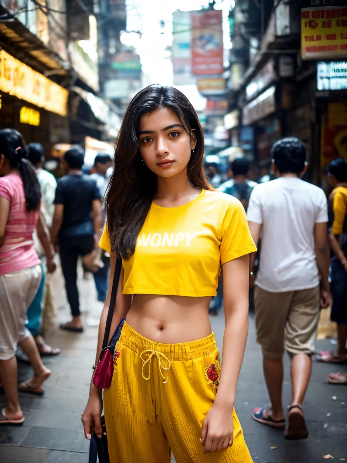 Create a photorealistic image capturing a healthy looking regular 21-year-old Mumbai girl standing amidst the bustling streets of Mumbai. She's dressed in a cropped yellow shirt with embroidery paired with baggy pants, embodying a modern and casual style that contrasts with the dynamic backdrop of the city. This is a long shot, ensuring the environment's vibrancy is fully showcased - from the crowded sidewalks filled with people of all walks of life to the vivid colors and textures of Mumbai's urban landscape. Despite the crowd surrounding her, the girl remains the focal point, perhaps through a depth of field effect that slightly blurs the foreground and background, or by using lighting and composition to naturally draw the viewer's eye towards her. The image should capture the essence of Mumbai's lively streets while emphasizing the girl's individuality and connection to her city. Her expression and posture could reflect a confidence and hope, offering a glimpse into her personal story amidst the city's chaos.