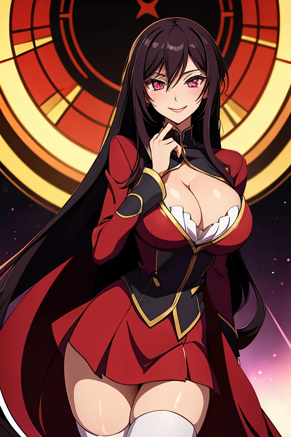 (high quality), Female Lelouch Lamperouge, long hair, short red skirt, red blouse, white stockings, cleavage, sexy smile, light blush, looking at viewer, big breasts, precise hands