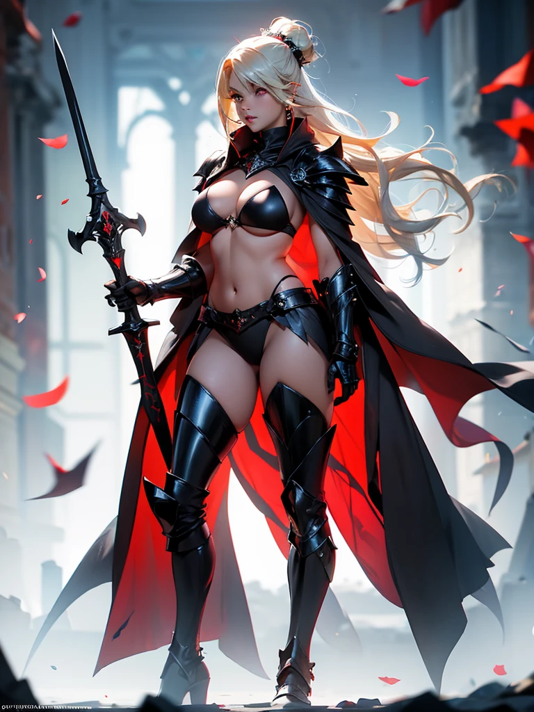 Voluptuous, Busty Blonde Female Dark Knight in ((((Black Full Plate Metal)) Bikini Armor)), Red Eyes, Thigh high Full Metal Plate Armored Boots. (((Full Body View))), Long hair, Messy bun, Wielding a Black Great Sword, (Red Cloak), (Red Pleated Skirt), detailed, perfect makeup, beautiful lips, large hoop earrings, (METAL bikini armor), No Helmet, (No Spikes), Tall girl, Long legs