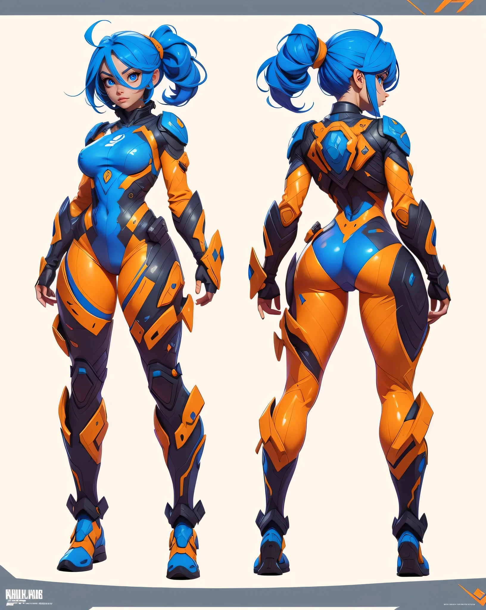 bright blue eyes, killing intent, scifi full body suit, character sheet design