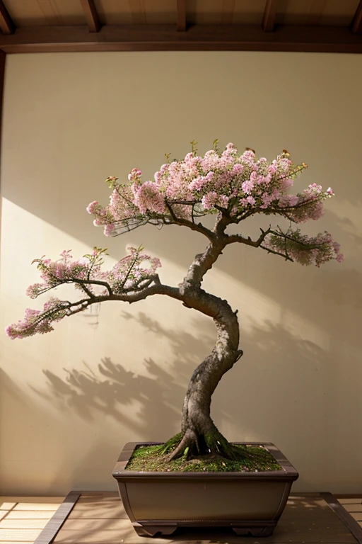 a realistic image of a bonsai Japanese cherry tree with no background behind the image