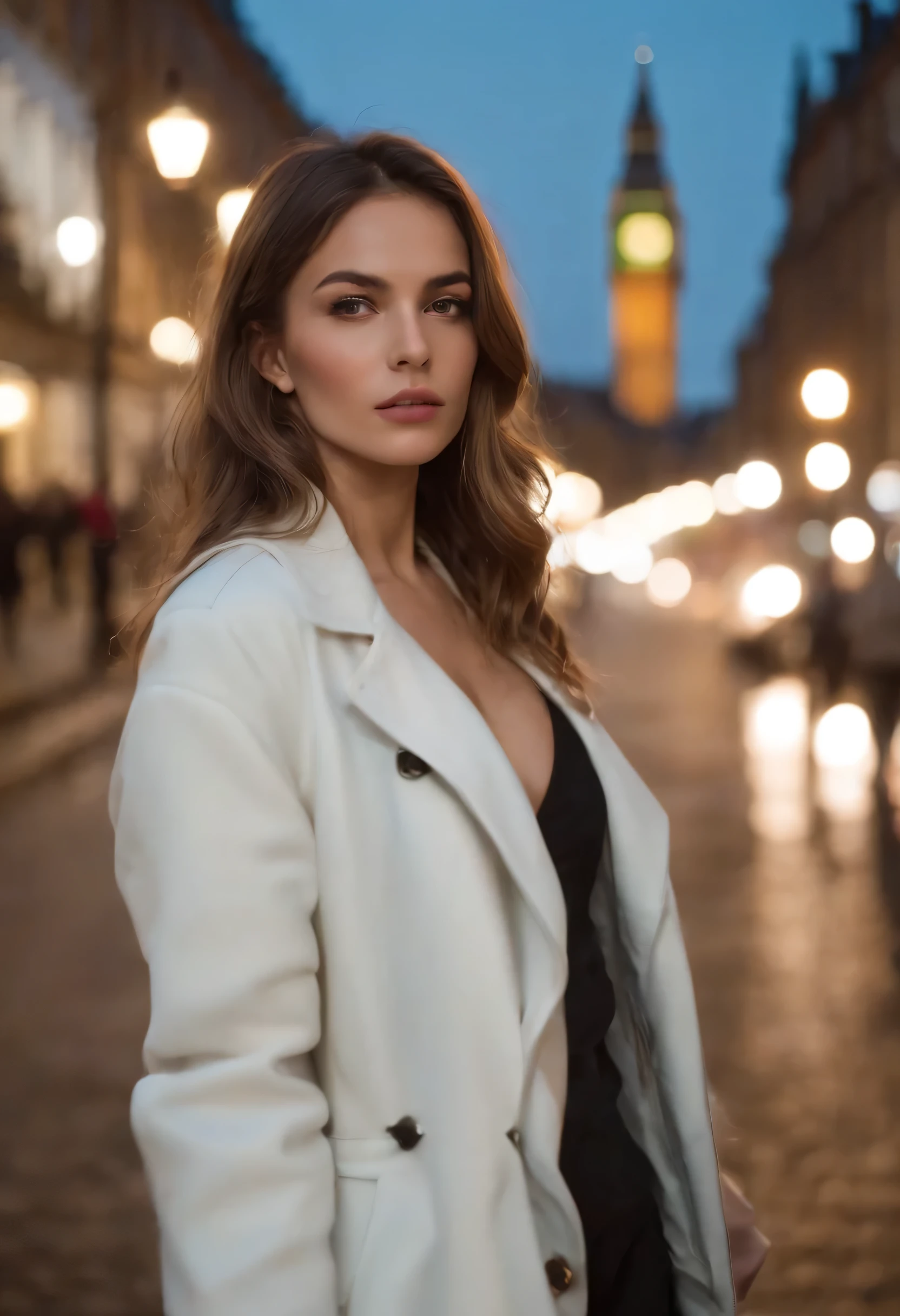 ( fotografia de alta qualidade) Italian women, dark blonde hair styles, long hair, flowing black and white pipit oversize jacket, cabelos pretos, Outdoor night London streets , neon lights background, street photography, Noite, lamps, desfoque de profundidade, Bokeh, 300 dpi, Atmosfera encantadora, fotografia, 8k, dynamic action,