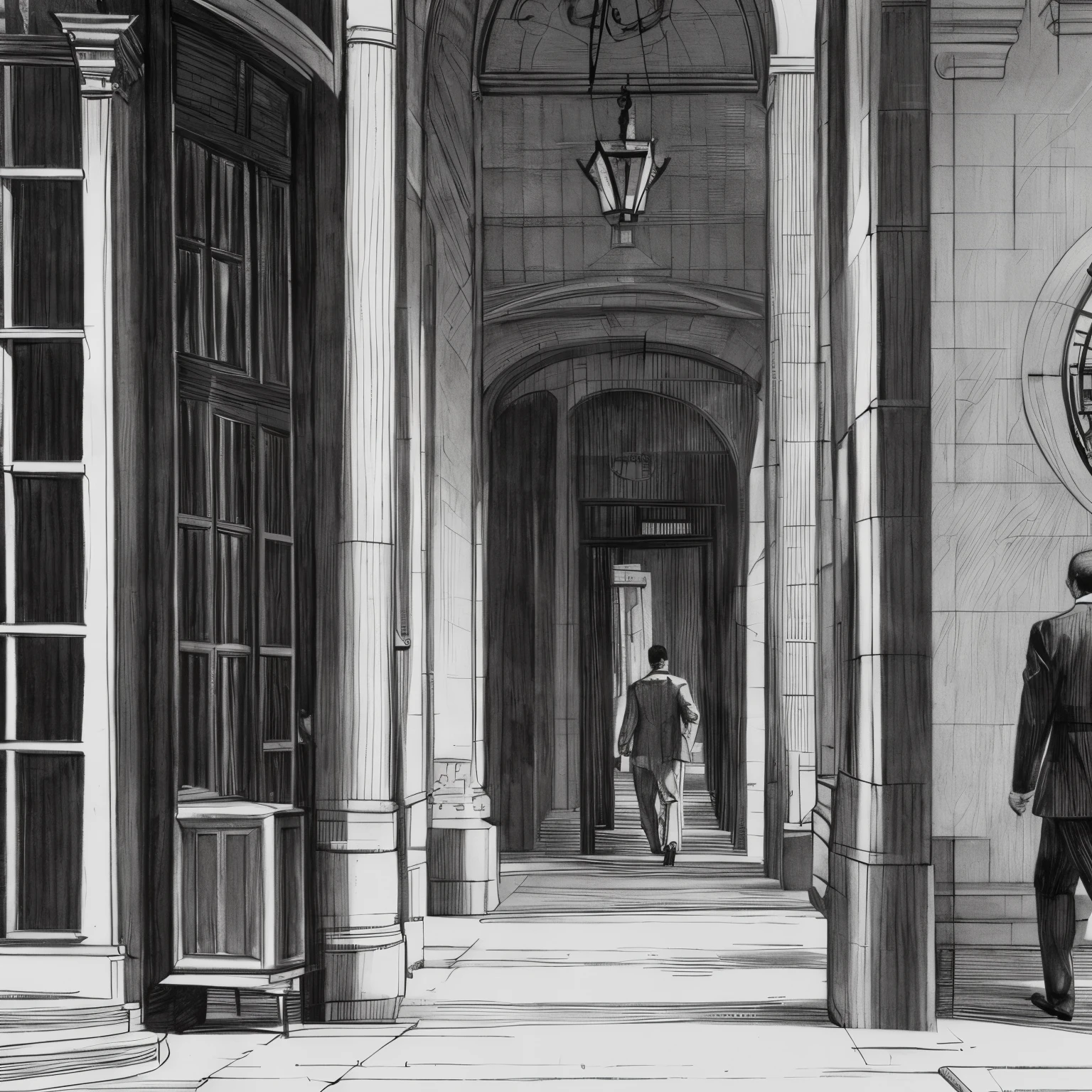 sketch of a man walking inside the clock