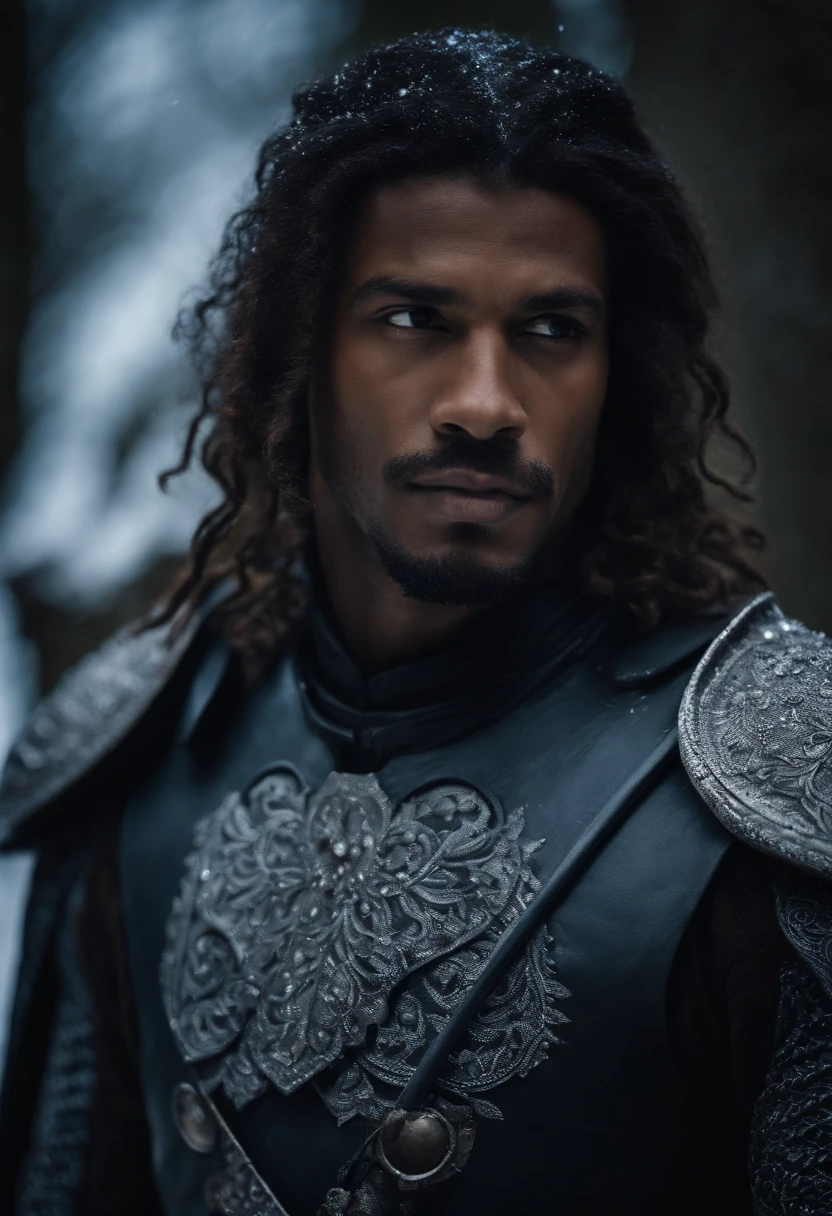 Cavaleiro homem vestido em uma armadura preta , de pele negra e cabelos longos e olhos azuis , em um lugar com neve