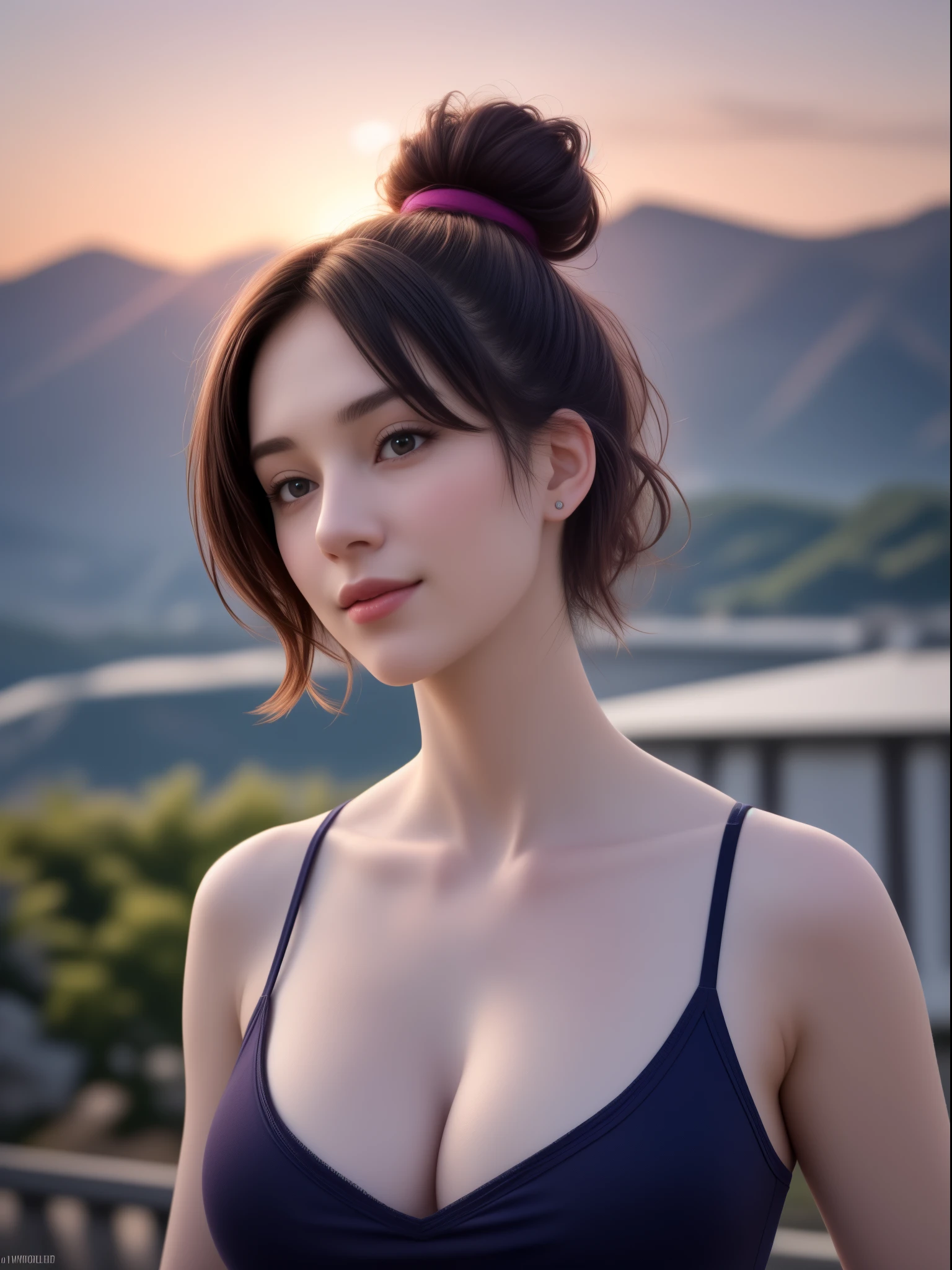 21-year-old, Height 160cm, Russian race, European race, (Masterpiece, best quality, photorealistic, high res, photography: 1.3), close-up shot, sharp focus, black hair, hair bun, short hair, hot model, slim, medium breasts, cute blush, smooth, mild smile, realistic skin, sexy hot face, sexual gaze, slim, extremely detailed hair, shiny lips, outdoor, sitting, wearing a towel, bath towel ((vivid light, dynamic lighting, realistic, super realistic, realism, realistic detail, background mountains, buildings, evening, sunset
